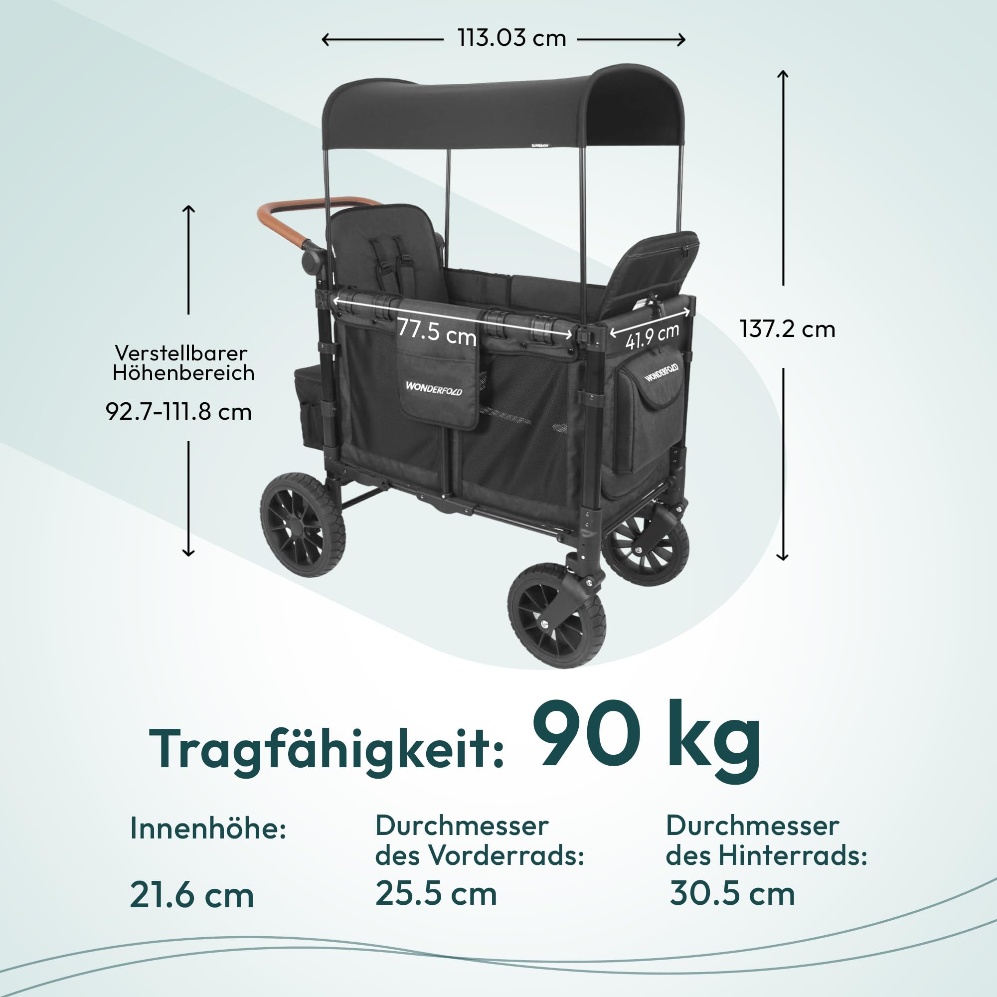 WonderFold W2 Luxe KinderVan 2 Hochsitze 5-Punkt-Sicherheitsgurten verstellbarer Schiebegriff UV-Schutzverdeck Volcano Black