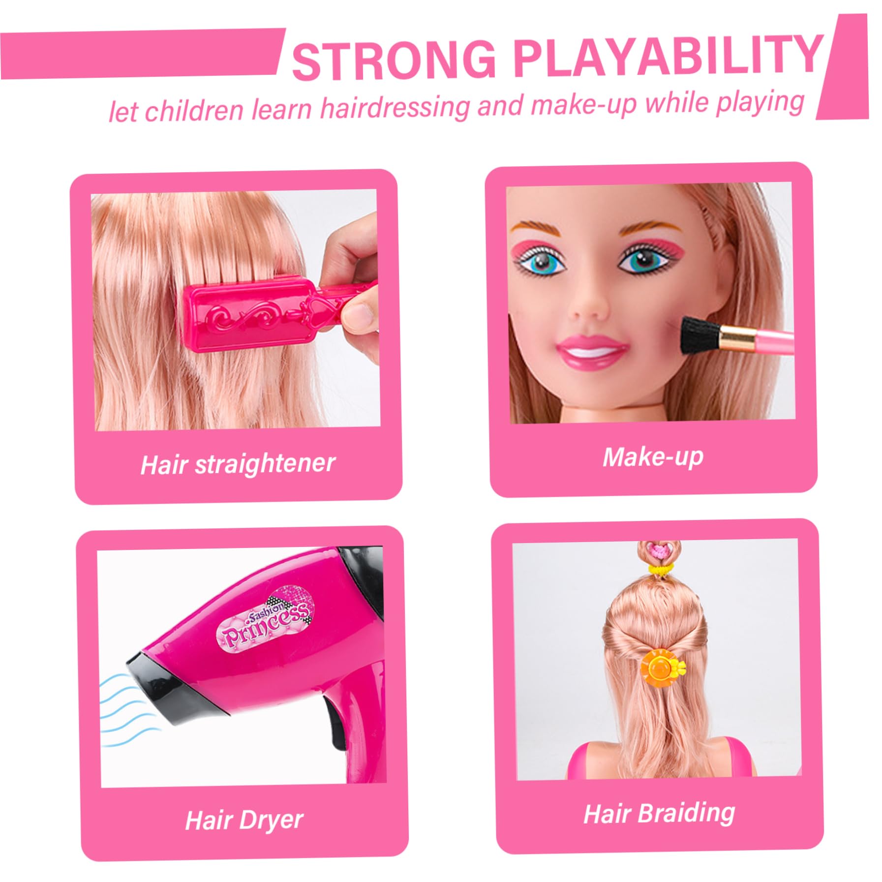 Jorzer Cabeza de muñeca para Peinado, 35 Piezas/Set Simulated Styling Head Doll para niños con secador de Cabello con batería Imaginativo y Maquillaje Aprendizaje Fewend Play Toys for Girls, Style 2.