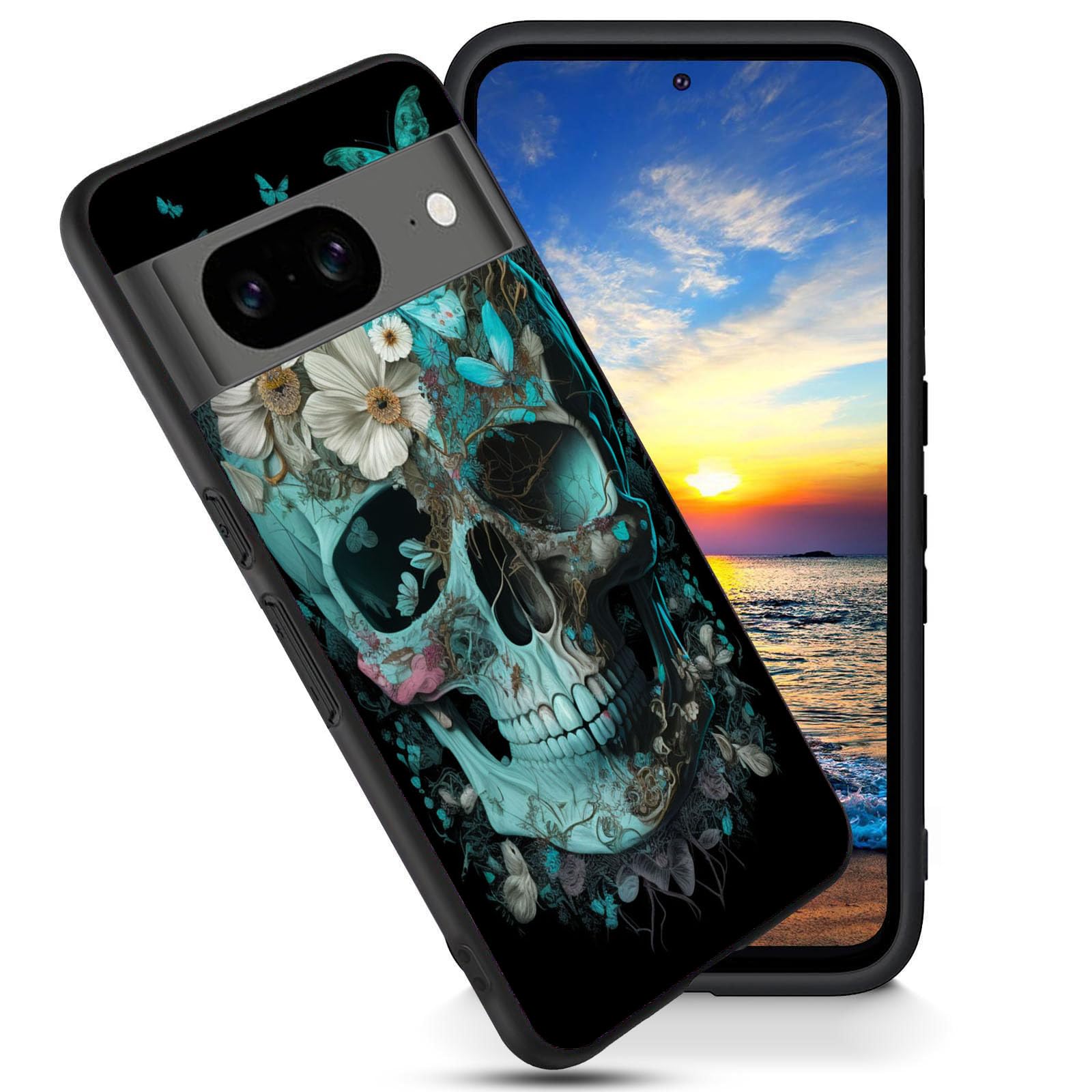 Designed for Google Pixel 8 Pro Case,Soft Frosted TPU Ultra Thin Cover,Shock-Absorption,Anti-Scratch Protective Case for Google Pixel 8 Pro 6.7",Skull Flower and Butterfly