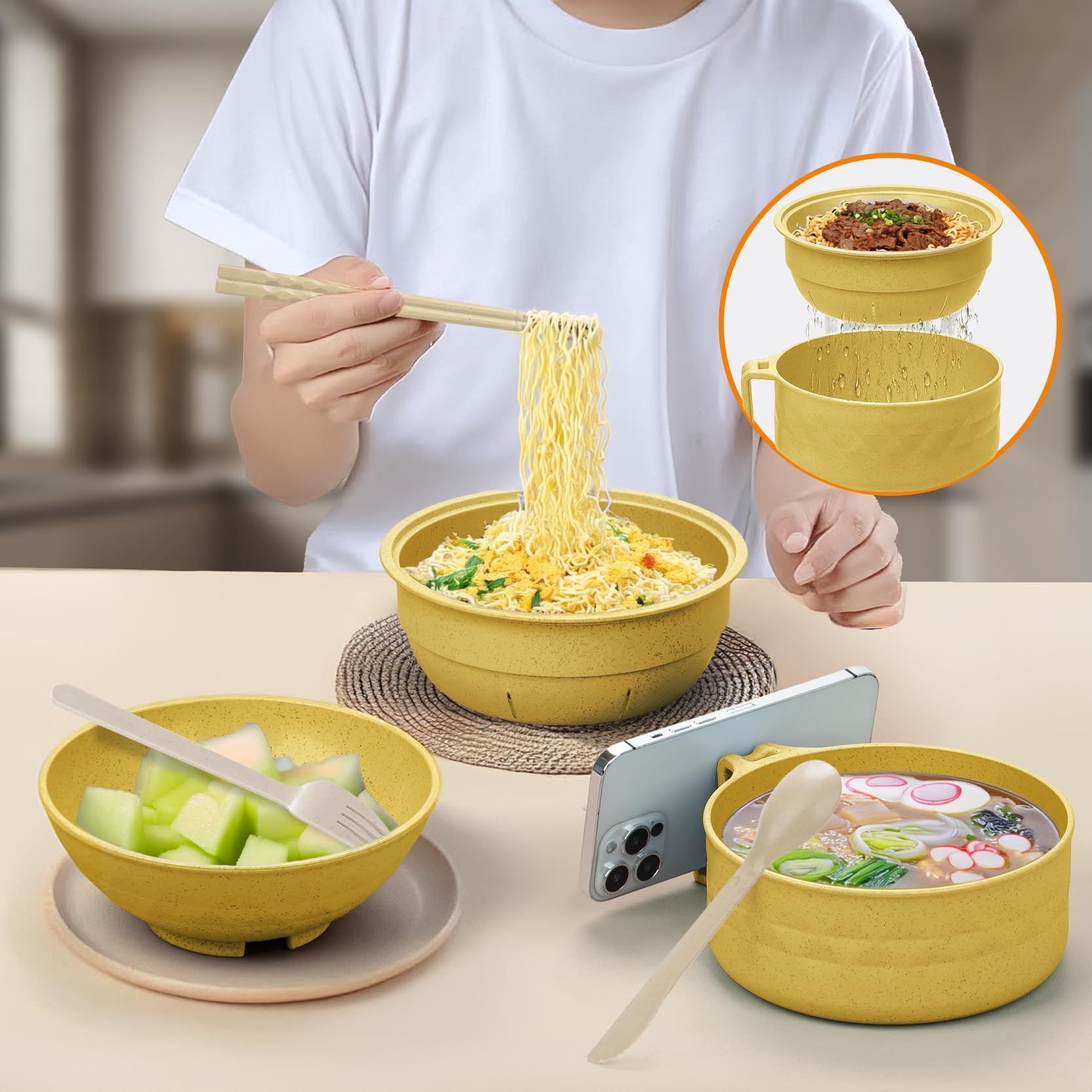 MUUBOOX Ramen Cooker,32oz Ramen Bowl Set,Microwave Ramen Bowl, Microwave Bowl with Lid, Portable Noodle Bowls,for Home Office Dorm Room College gift (Yellow)