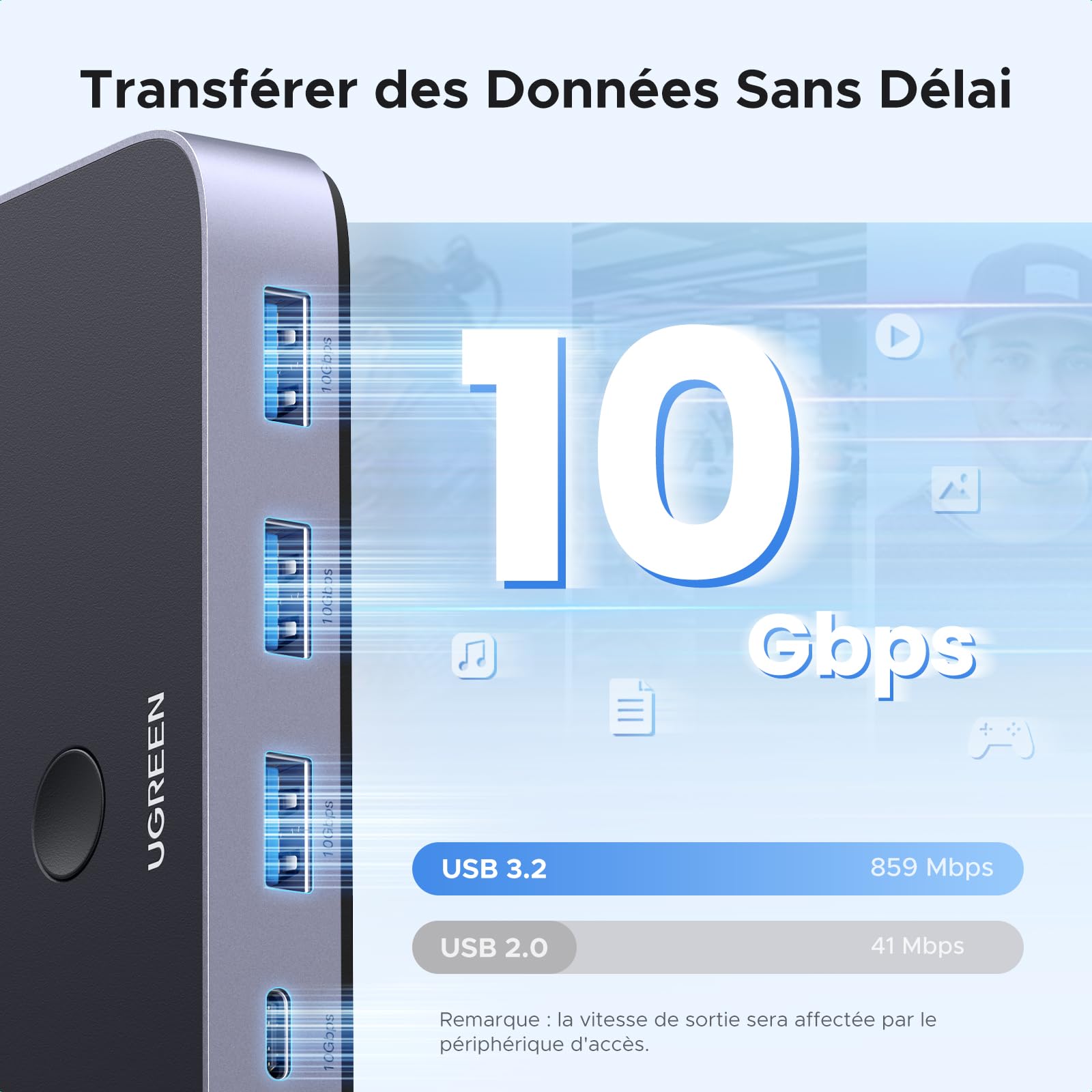 UGREEN Switch USB C 3.2 10Gbps Commutateur KVM Ports pour 2 PC Entrées 4 Sorties pour Clavier Souris Disque Dur Imprimante avec Contrôleur du Bureau et Câbles Inclus Plug Play