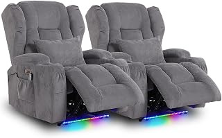 IPKIG Power Electric Recliner Chair Set of 2 with Massage, Heat & LED Lights - Game Movie Home Theater Seating Recliner Chairs for Adults, Side Pocket, Cup Holder and Lumbar Pillow, Grey