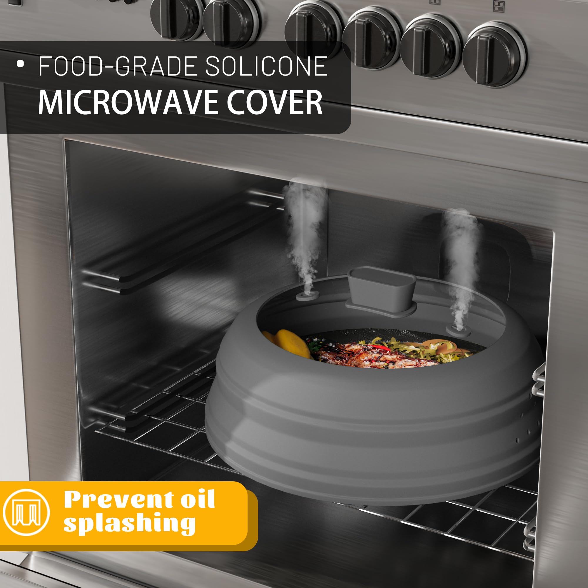 Cubierta de salpicaduras de microondas, cubierta de silicona ventilada y vidrio, tapa protectora contra salpicaduras, tapa plegable para alimentos con mango de fácil agarre. (gris, 10.5 pulgadas)