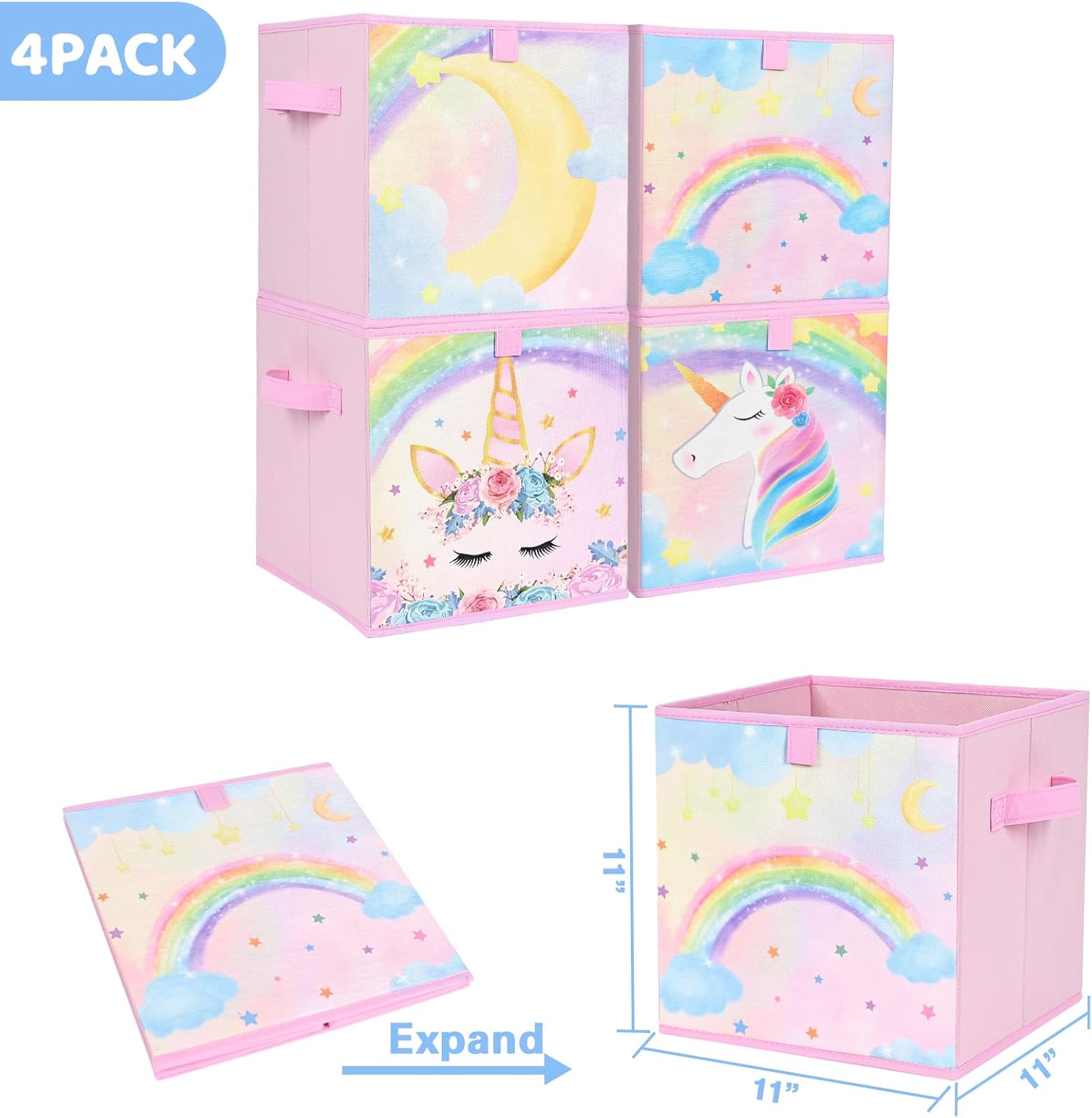 WERNNSAI Unicorn Storage Set - 25" x 13" x 16" Collapsible Toy Box and 4-Pack 11" x 11" Fabric Foldable Storage Bins with Handles Decorative Organizer for Kids' Bedroom Nursery and Living Room