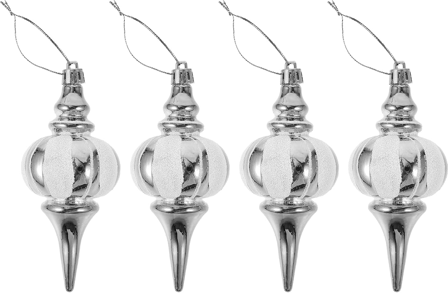 Amosfun 4pcs Finial Ornament Shatterproof Plastic Christmas Tree Decoration Glitter Silver Shiny Sequin Finishes Silver