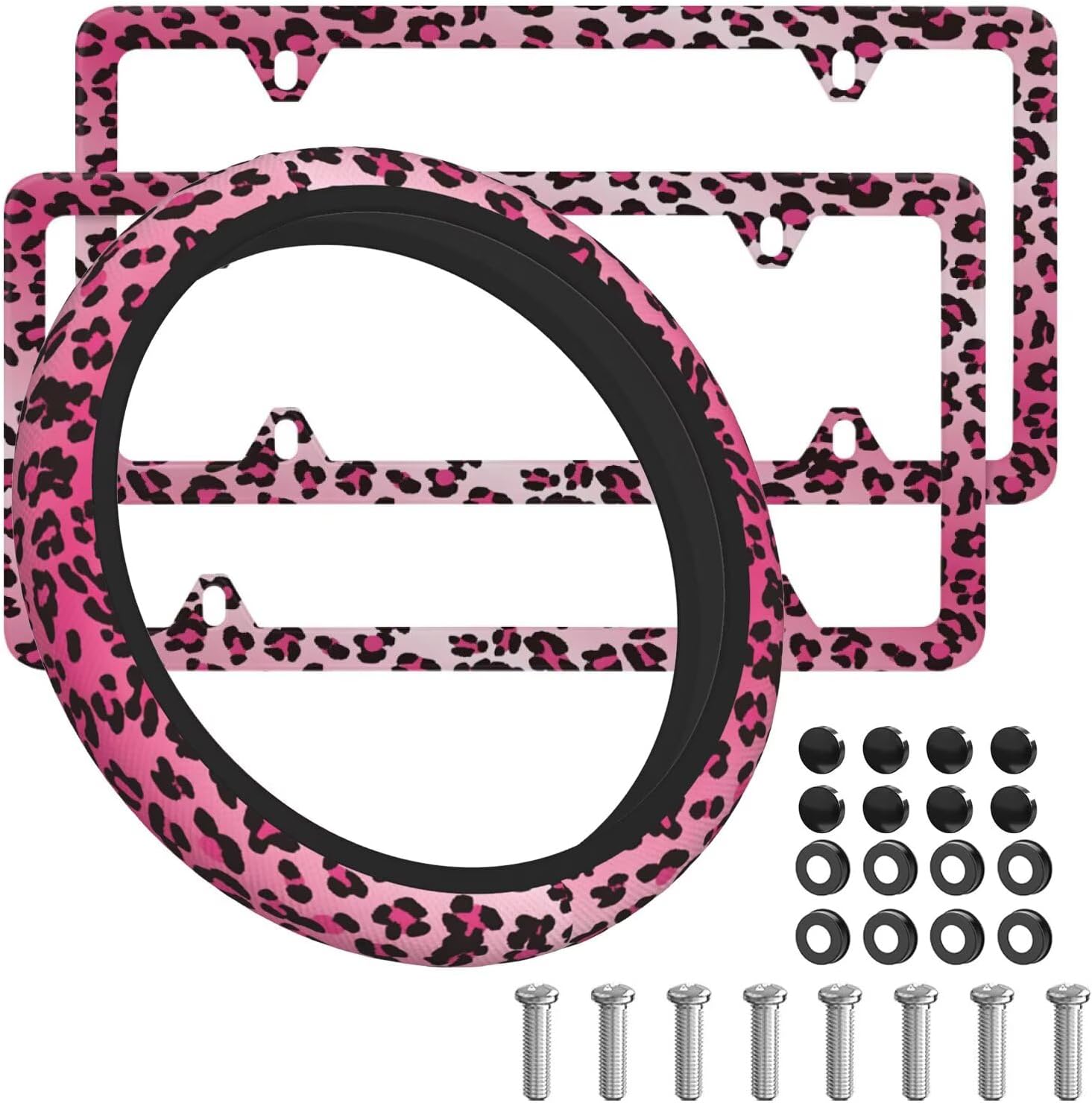 Leopard License Plate Frame Novelty Personalized Car Tag Leopards Steering Wheel Cover Women License Plate Cover 4 Holes for US Standard Vehicles with Screw Cap Car Accessories