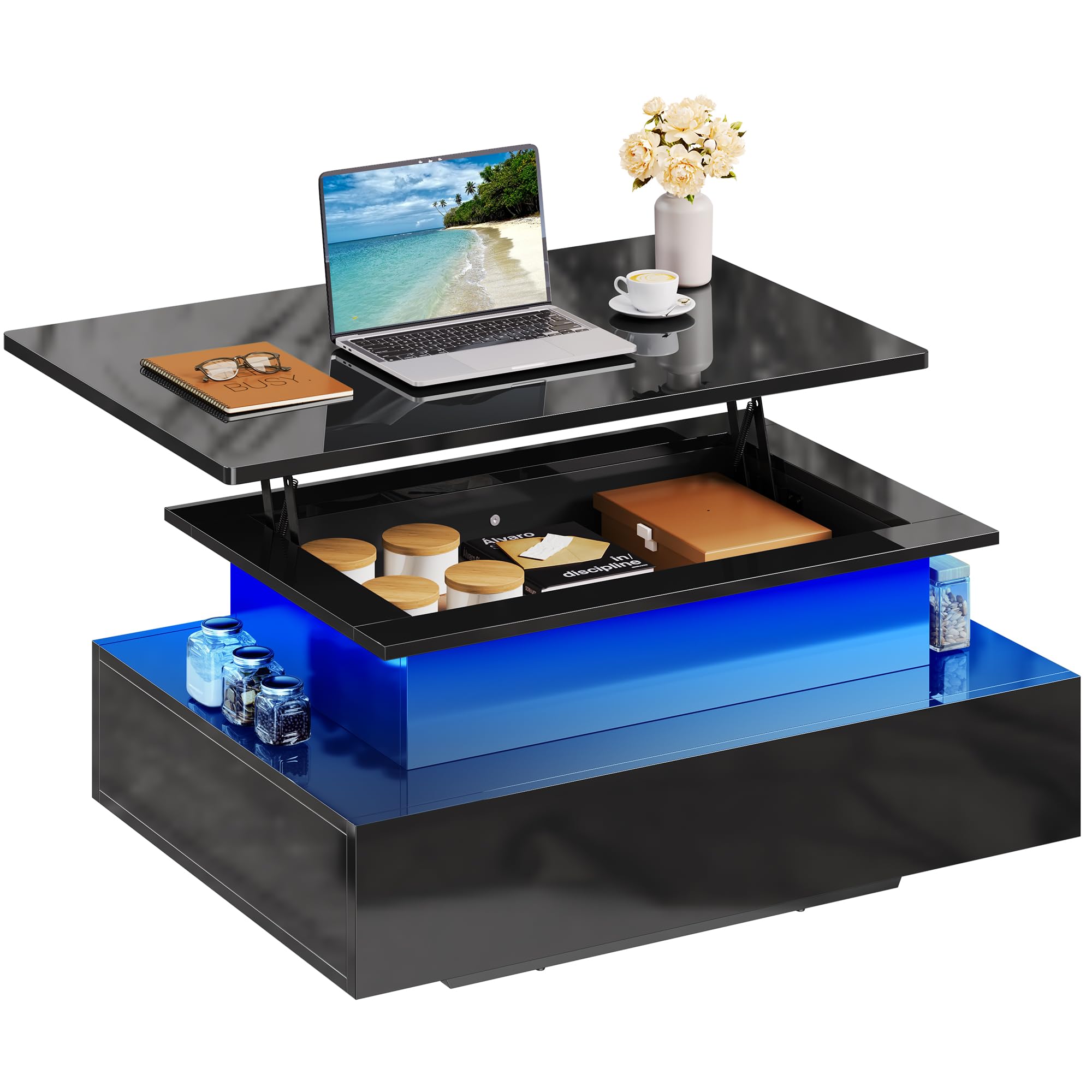 YITAHOME Couchtisch Höhenverstellbar, Wohnzimmertisch Hochglanz mit Hebeplatte,Couch Tisch Wohnzimmer mit 16-Farbiger LED Modern and 2 Schubladen