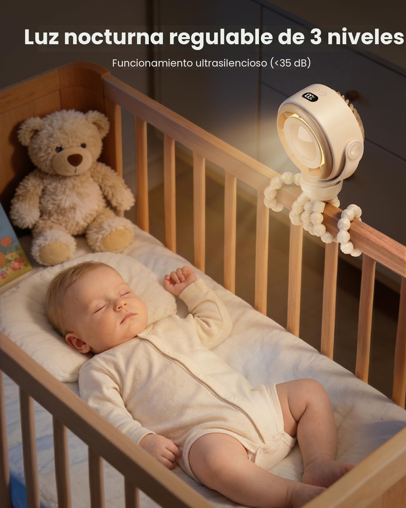 SWEETFULL - Ventilador silencioso para cochecito de bebé, 4000 mAh, recargable con clip, giratorio de 360 °, mini ventilador portátil con pantalla LED y luz nocturna para cochecito, asiento de coche y