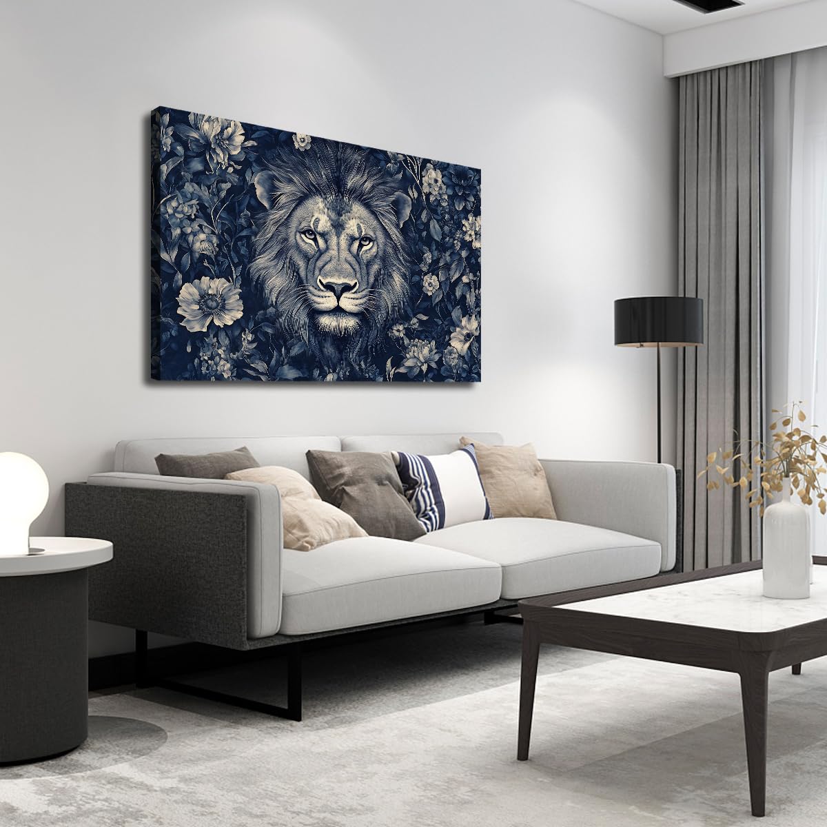 Gran arte mural León en lienzo Decoración animal botánica salón 65x100cm