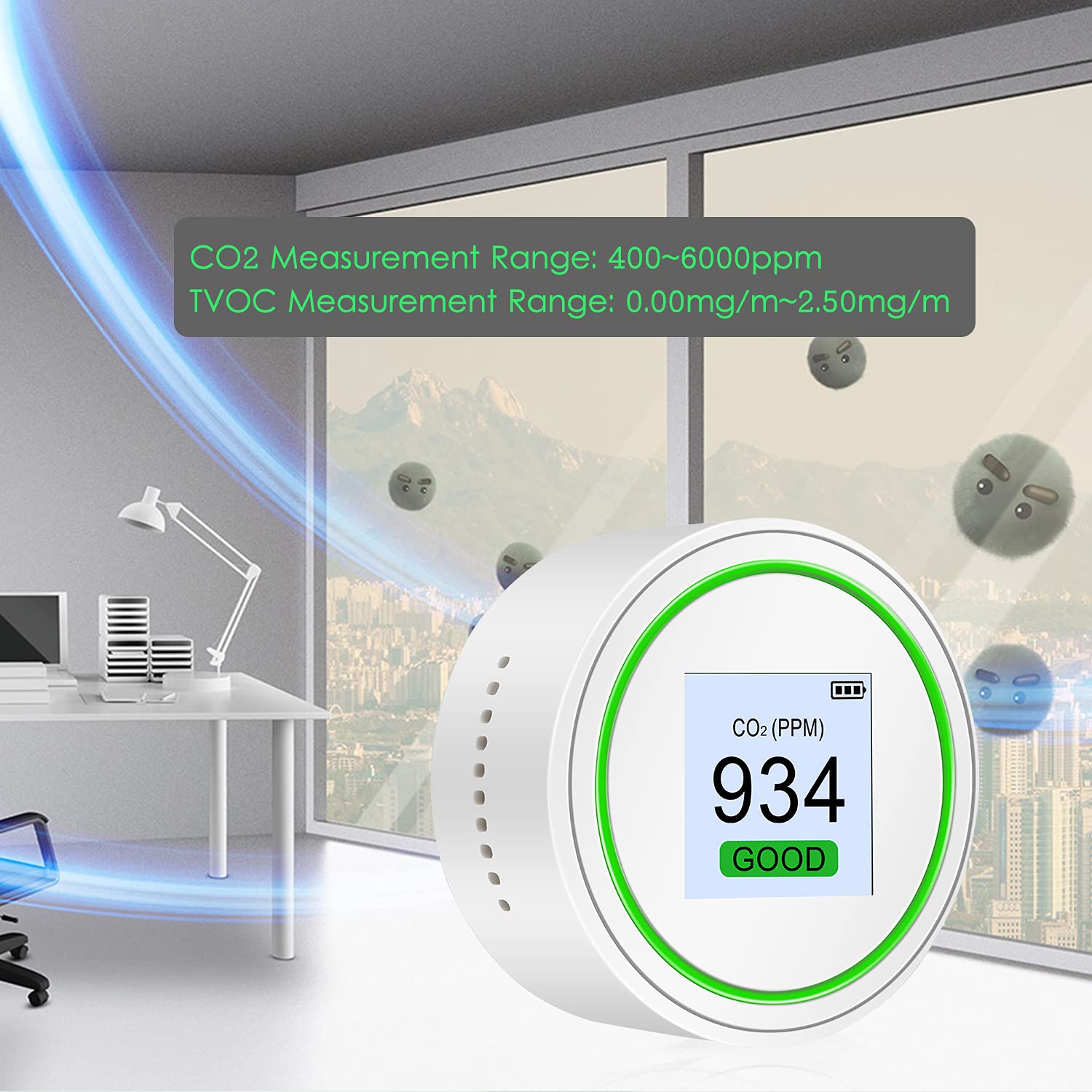 BAtlam Probador y CO2 Detector de Calidad del Aire Tamaño de la Palma de la Mano Probador de Calidad del Aire Monitor de Calidad del Aire de Alta precisión para CO2 y con recordatorio de luz y Sonido