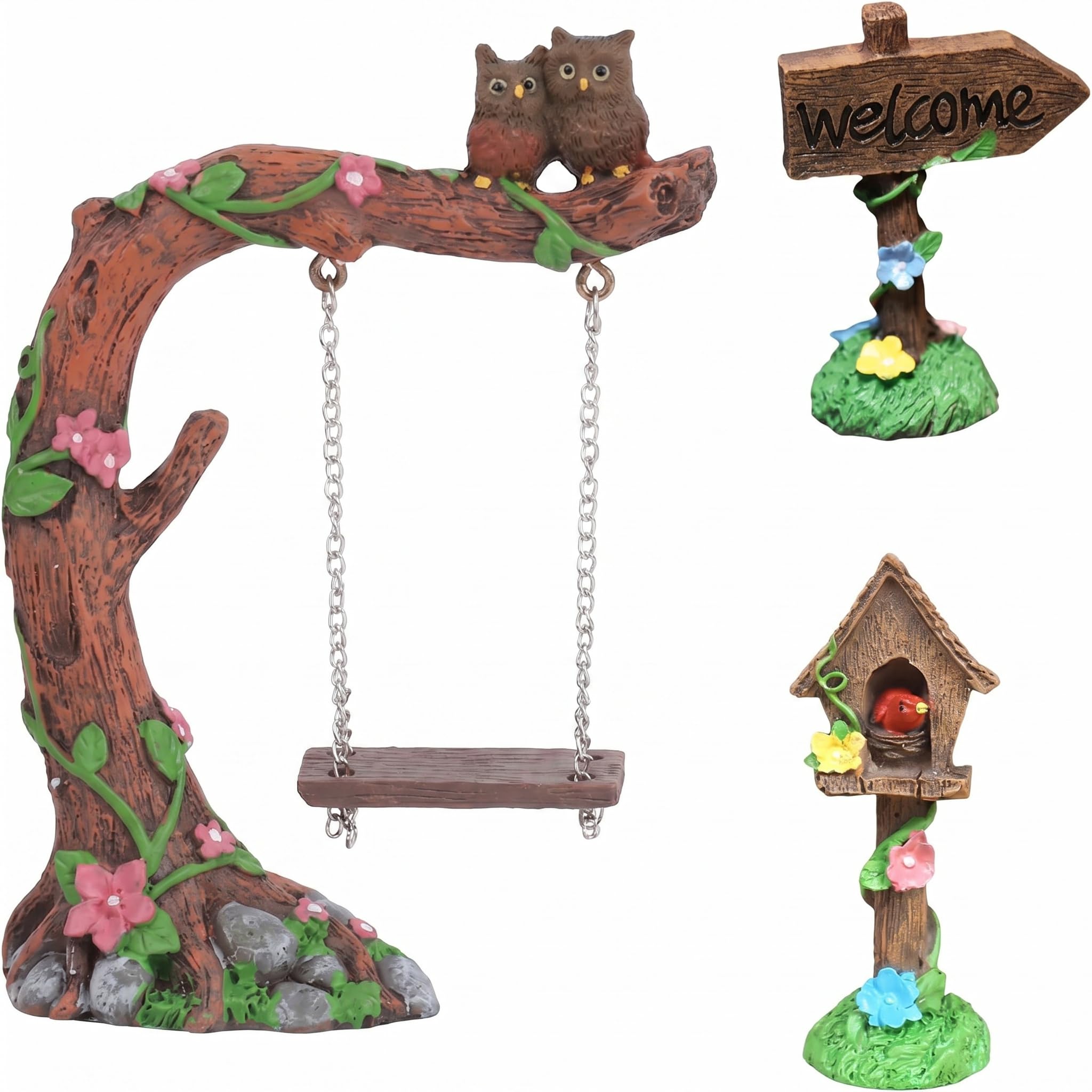 Binwat Miniature Fairy Garden Swing, Flower Tree Swing Figurine, Handmade Resin for Micro Landscape Courtyard Garden Outdoor Display Decor, Dollhouse Decorative Mini Furniture (3Pcs Set)