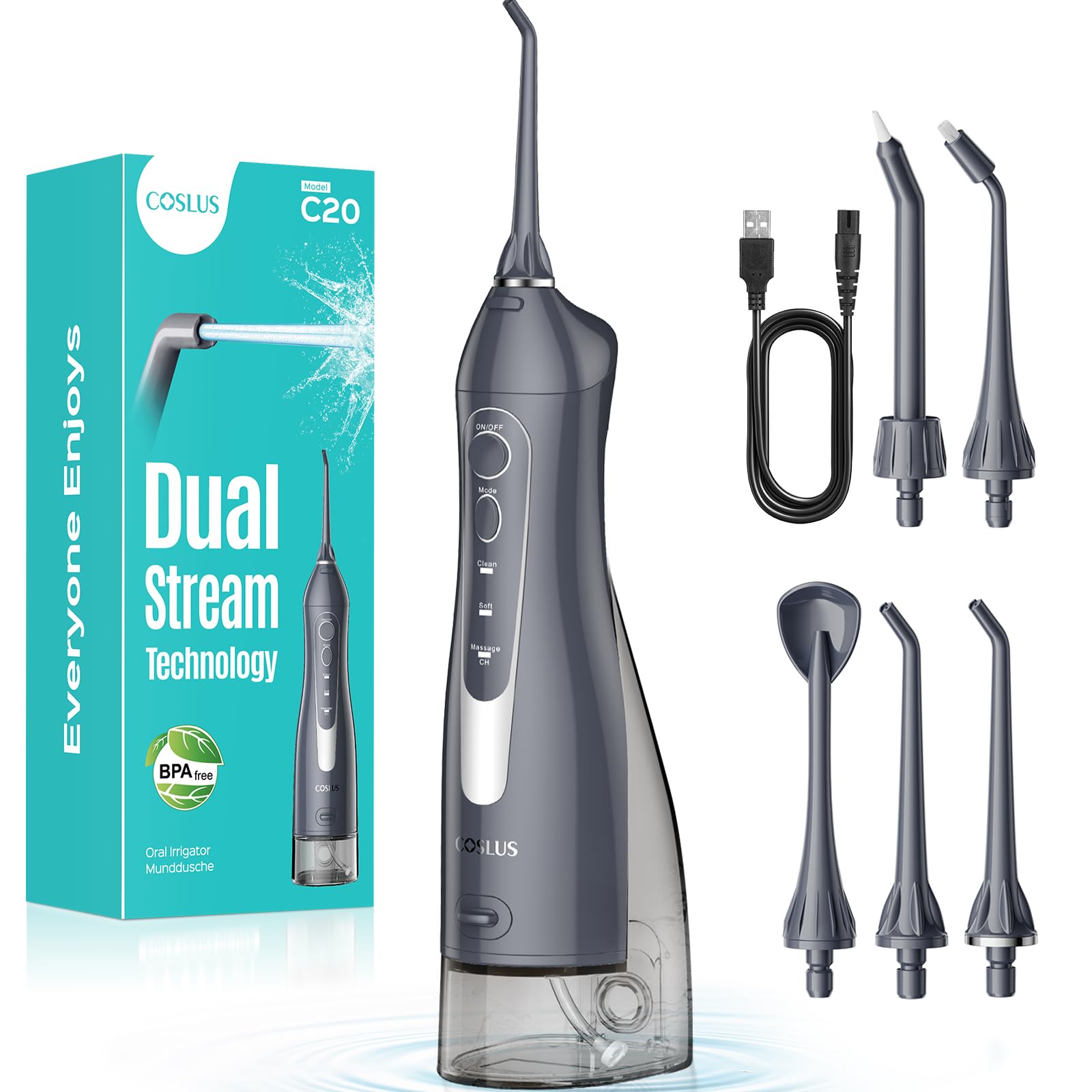 COSLUS Munddusche Kabellos Trragba Elektrische C20(F5020E): 300ML WassertankTestsieger 2026 IPX7 Wasserdicht für Oral Health Enthusiasten Tägliche Tiefenreinigung Reinigung 5 Multifunktionale Jet-Tipp