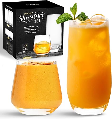 Juego de 4-2 vasos de agua altos y cortos y 2 vasos de vidrio cortos, elegantes vasos de cristal para cócteles espumosos, vino, cerveza, whisky