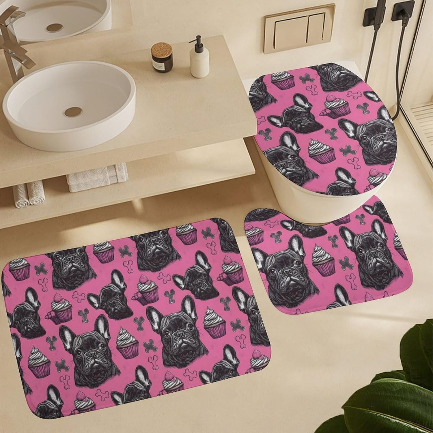 4Pcs Bathroom Sets with Shower Curtain and Rugs, French Bulldog Pink Cake Print Bathrooms Shower Curtain Sets with Toilet Lid Cover and Non-Slip Rugs, Bathroom Decor Set Accessories