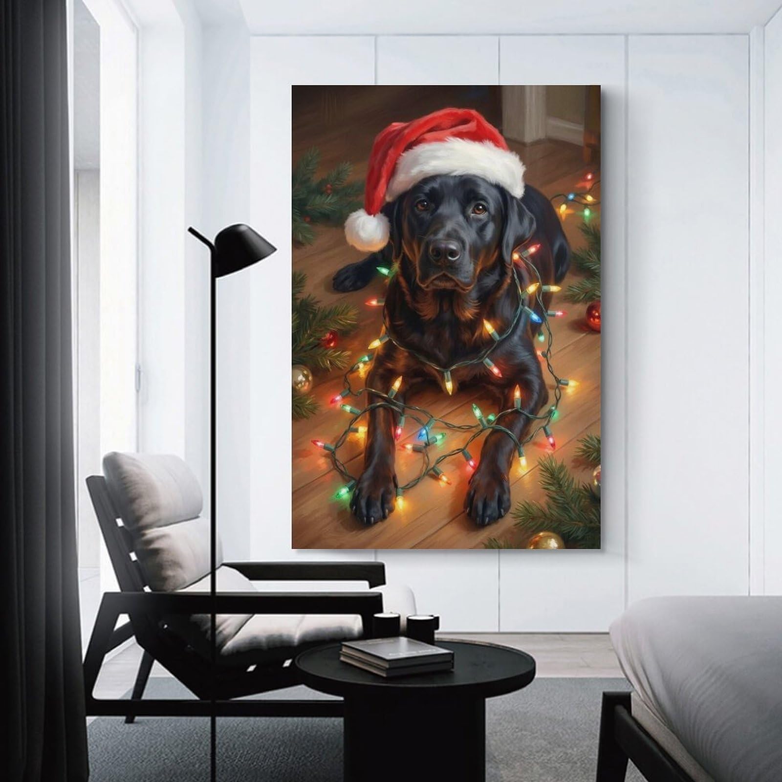 Junmoney Christmas Labrador with Lights And Hat Canvas Wall Decor, 24x36inch(60x90cm), for Office, Study Or Home Workspace, Wall Art That Adds Style to Work Areas