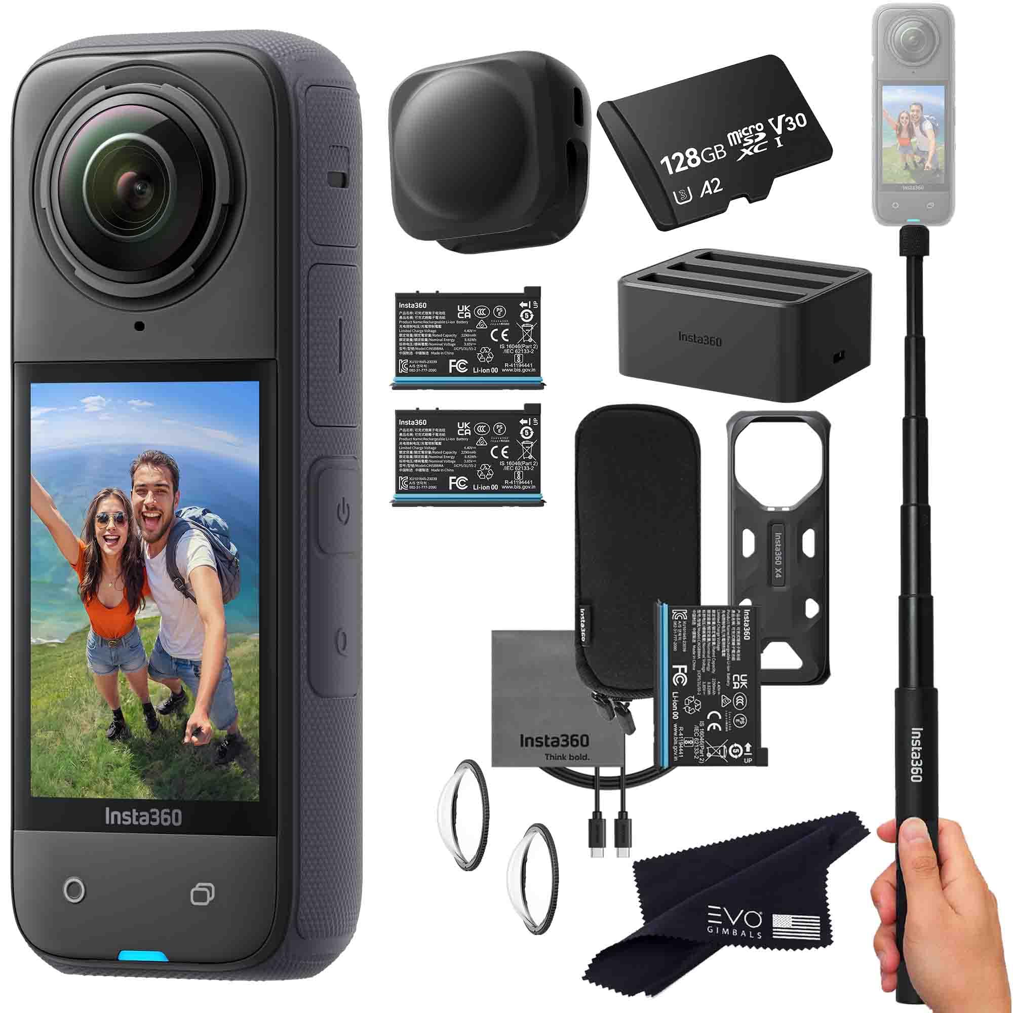 Insta360 X4 Battery Bundle- Waterproof 8K 360 Action Camera Bundle Includes Extra 2 Batteries, Charger, Invisible Selfie Stick, Lens Cap (128GB), Black