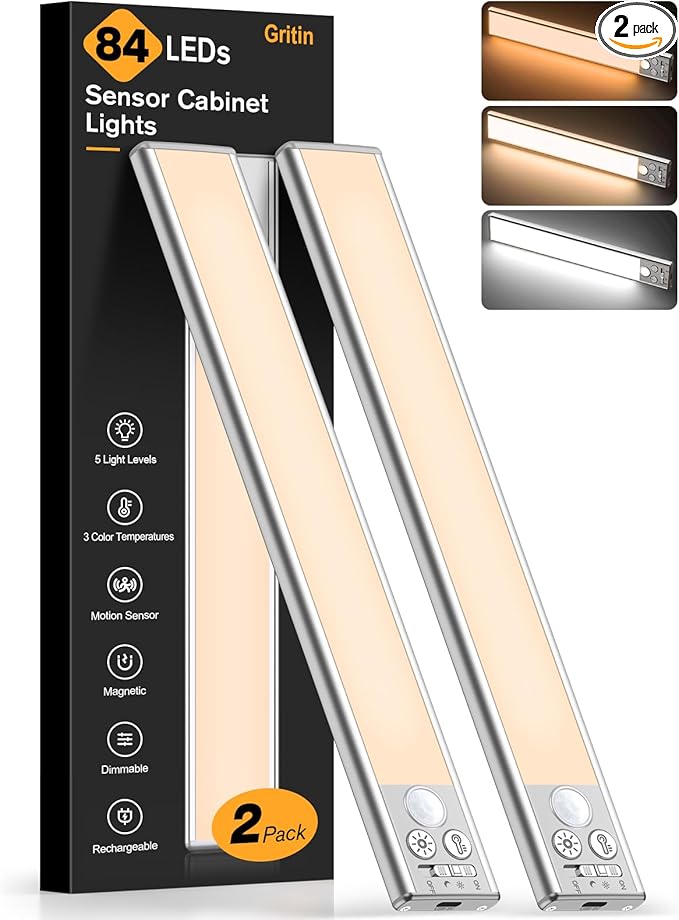 Gritin 10.2inch Under Cabinet Lighting Rechargeable -84 LED Super Bright,3-Color& 5 Level Brightness,4 Modes,Motion Sensor, Long Lasting- Easy Installation Magnetic Under Cabinet Closet Lights -2 Pack