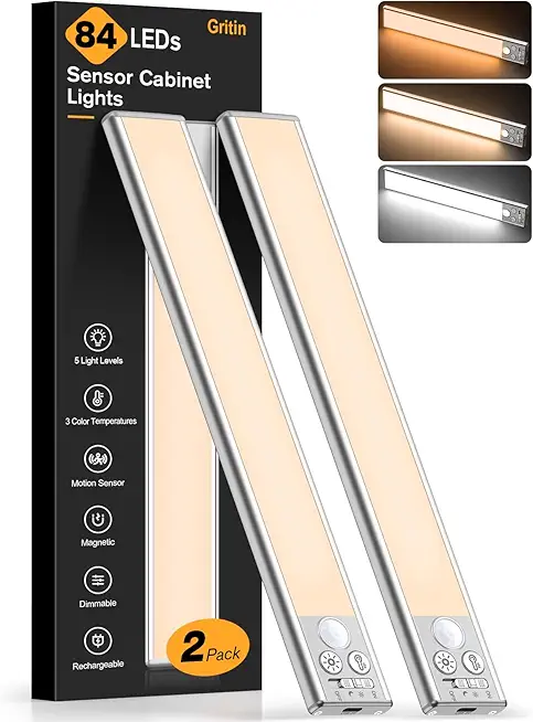 Gritin 10.2inch Under Cabinet Lighting Rechargeable -84 LED Super Bright,3-Color&amp; 5 Level Brightness,4 Modes,Motion Sensor,Long Lasting- Easy Installation Magnetic Under Cabinet Closet Lights -2 Pack