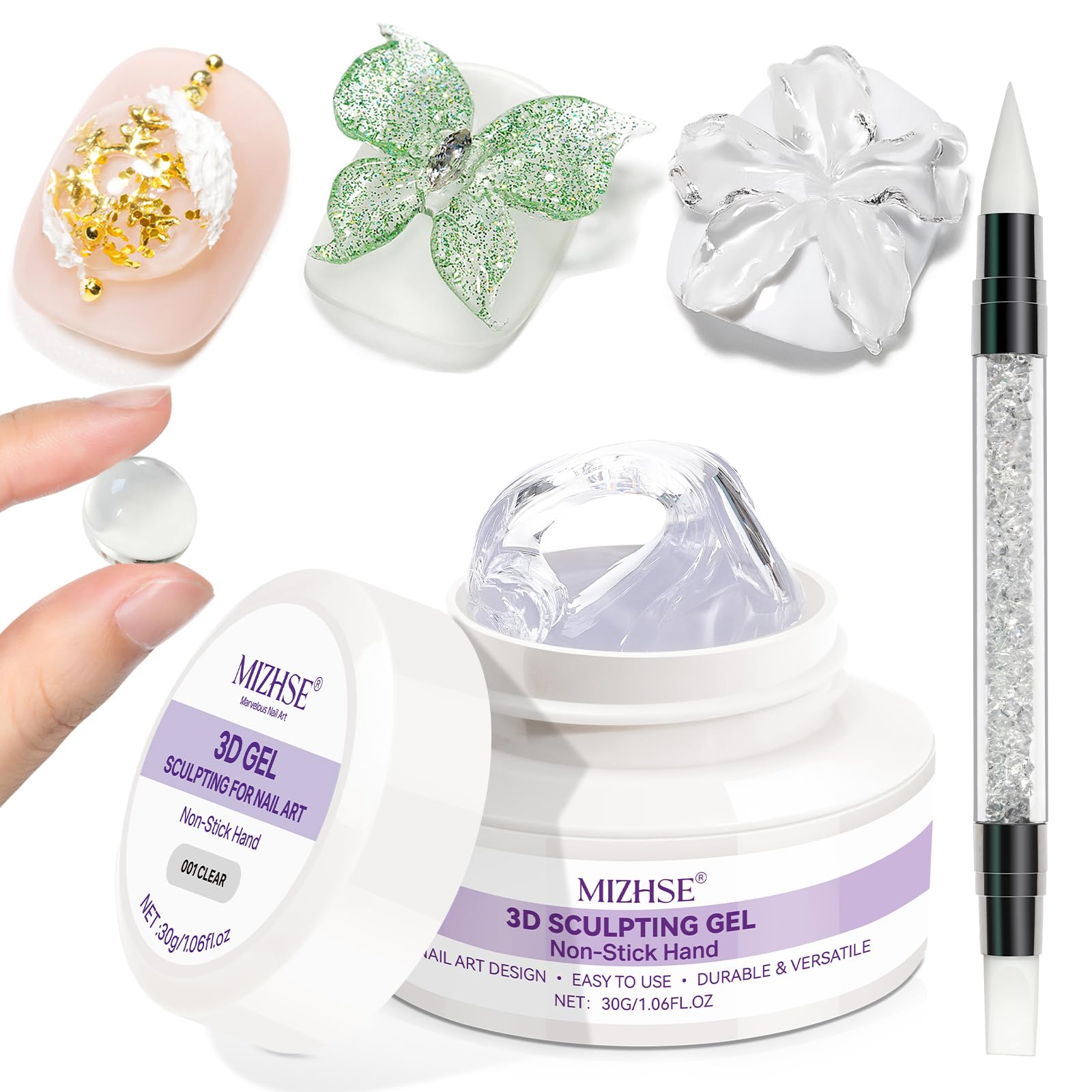 MIZHSE 30g 3D Gel Nail Art Clear Sculpting Gel Non-Sticky Molding Gels for Nails Sculpting U V LED Soak Off Gels Polish with Nail Art Pen Nail Design