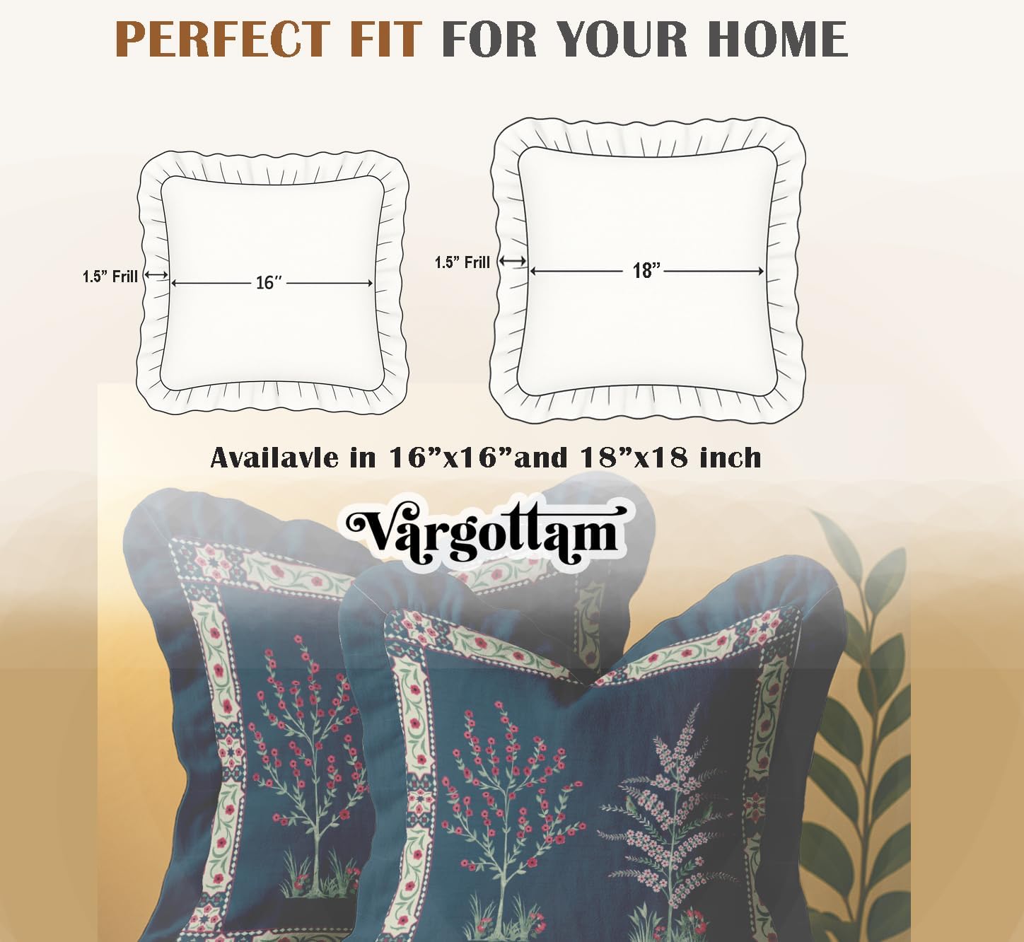 Throw Pillow Covers Set of 2-100% Cotton Twill, Frilled Edge, Double Sided Print, 16 x 16 Inch Decorative Cushion Covers, Hidden Zip, No Filler - Floral Print