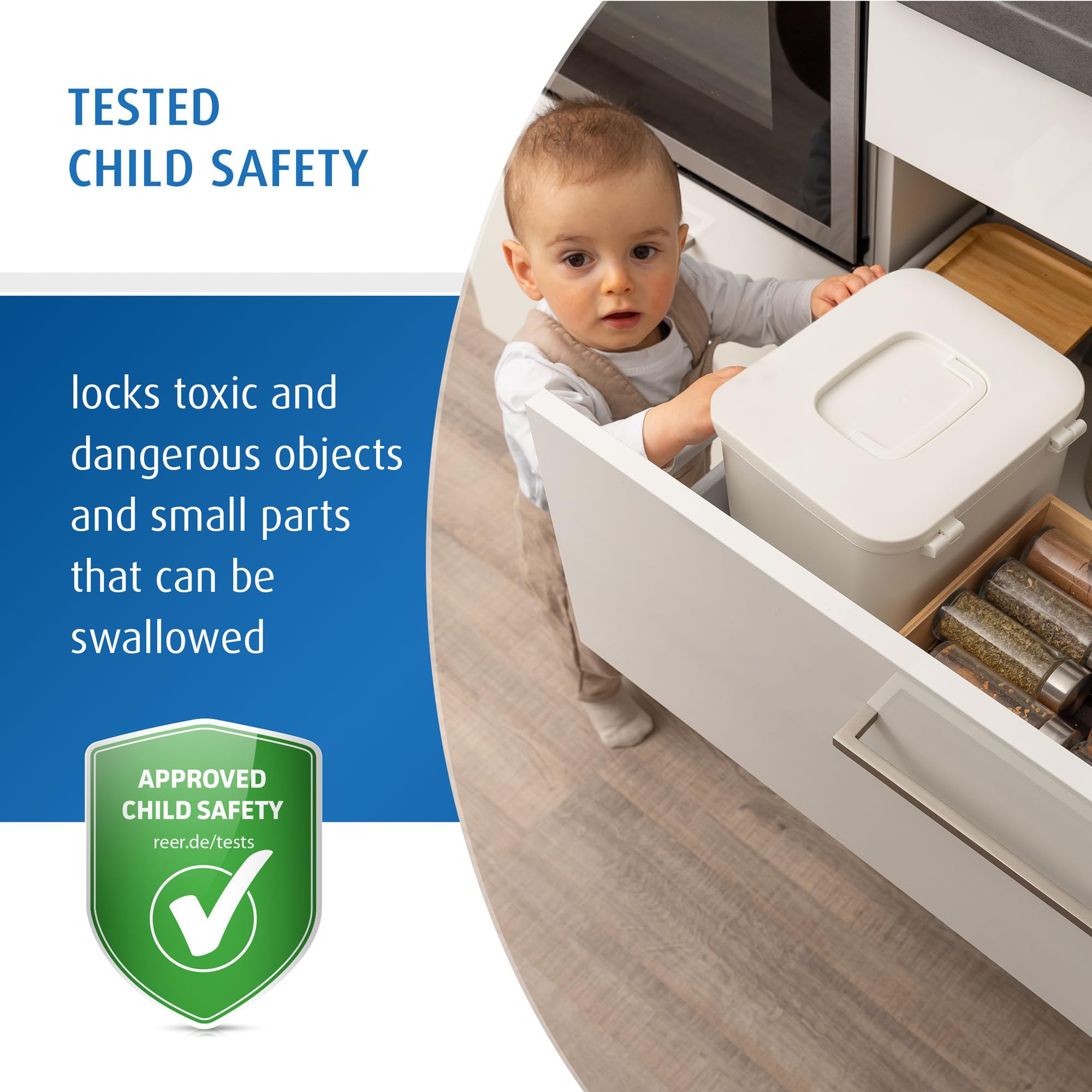 Reer SafeContainer Scatola portaoggetti protezione piccole parti pericolose chiusura sicura bambini antiscivolo