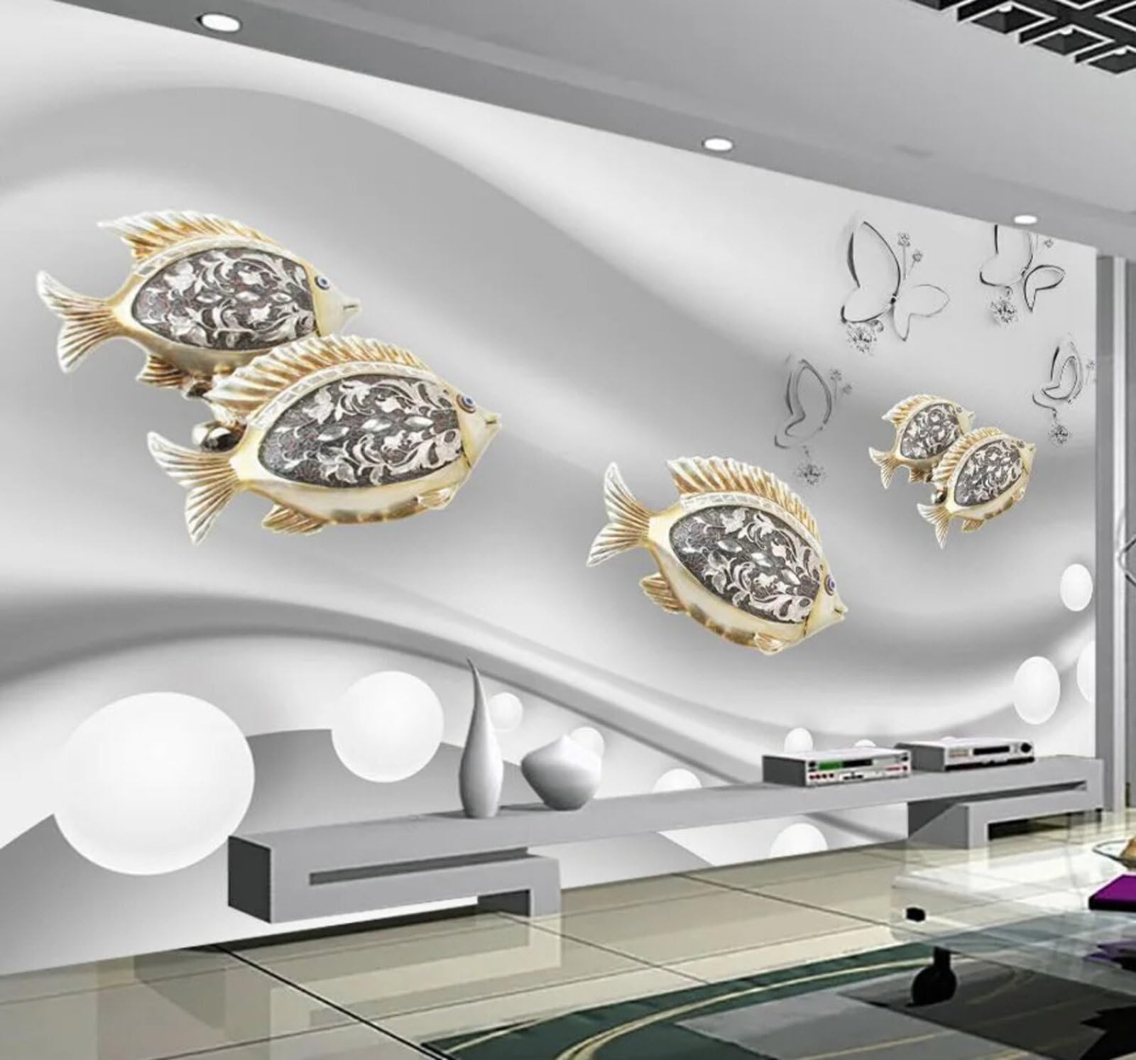 Relief Minimalist Small Fish Butterflies Spheres 3D Wallpaper Easy Install Feature Office Living Room Sofa Bedroom TV Background Wall Decoration-350cm×256cm