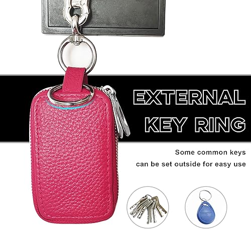Miniatura 4 de Funda para llavero de automóvil, llave de protección de piel auténtica con doble cremallera, funda universal de alta calidad, gancho de metal y