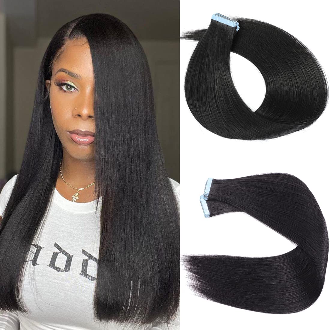 Yaki Tape in Hair Extensions Human Hair 40 Pcs Light Yaki Straight Tape in Extensions for Black Women Urbeauty Seamless Invisible Tape Hair Extensions