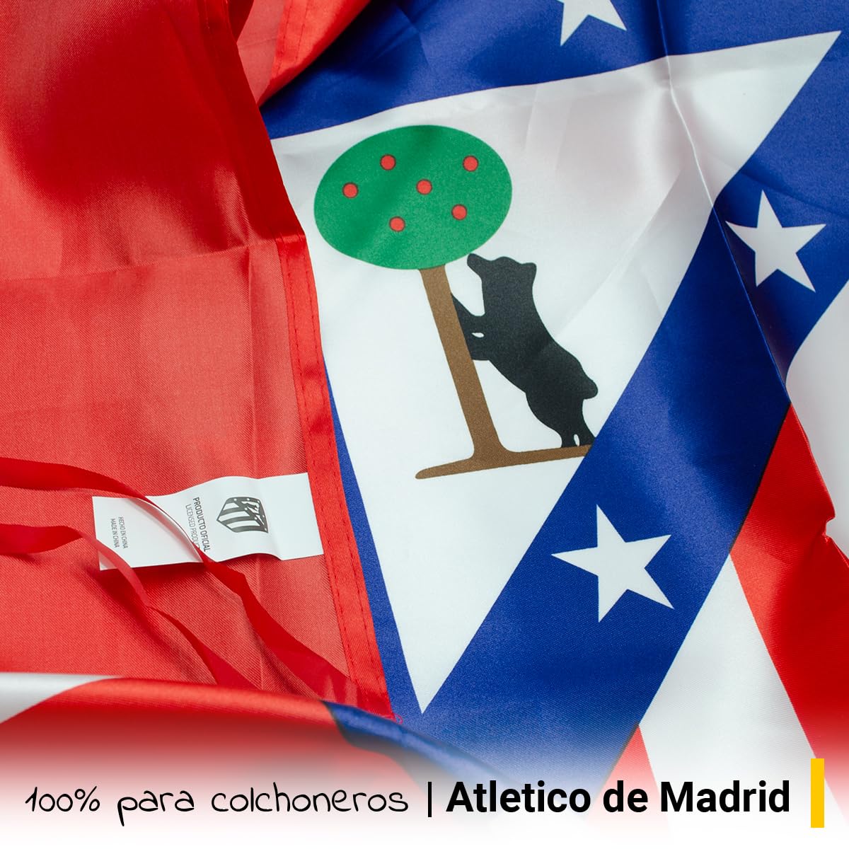 Bandera oficial del Atlético de Madrid + Llavero 100% colchonero | 120 x 90 cm - Rallas Rojas y blancas con escudo clásico en el centro.