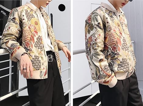 Amazon | [habille] ハビー メンズ アウター つる 横須賀 刺繍 和柄 ブルゾン ジャケット 日本 総柄 大きいサイズ  M-5XL(ホワイト) | コート・ジャケット 通販