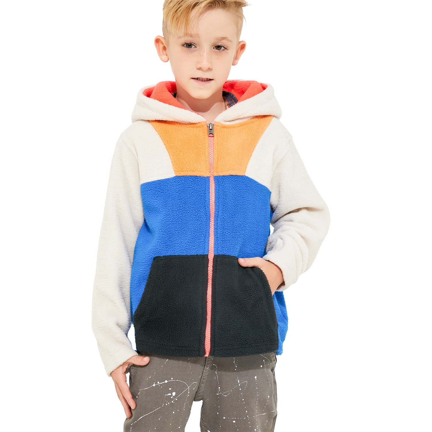 CHERRY CRUMBLEBlue Black Off White Multi Colorblocked Polar Fleece Boys Casual Shaggy Chiller Winter Warm Pullover Hooded Sweatshirt (7L-CBSWSHRT-7219)