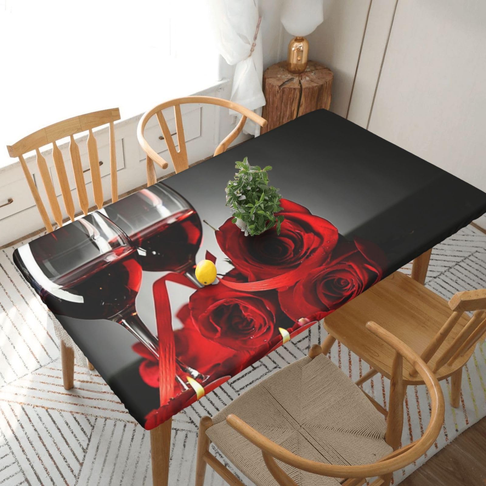 BNVSADC Red Wine Rose and Candle Printed 5FT Tablecloth Polyester Kitchen Water Resistant Table Cloth Dining Table Decoration Table Covers, 152x76 CM