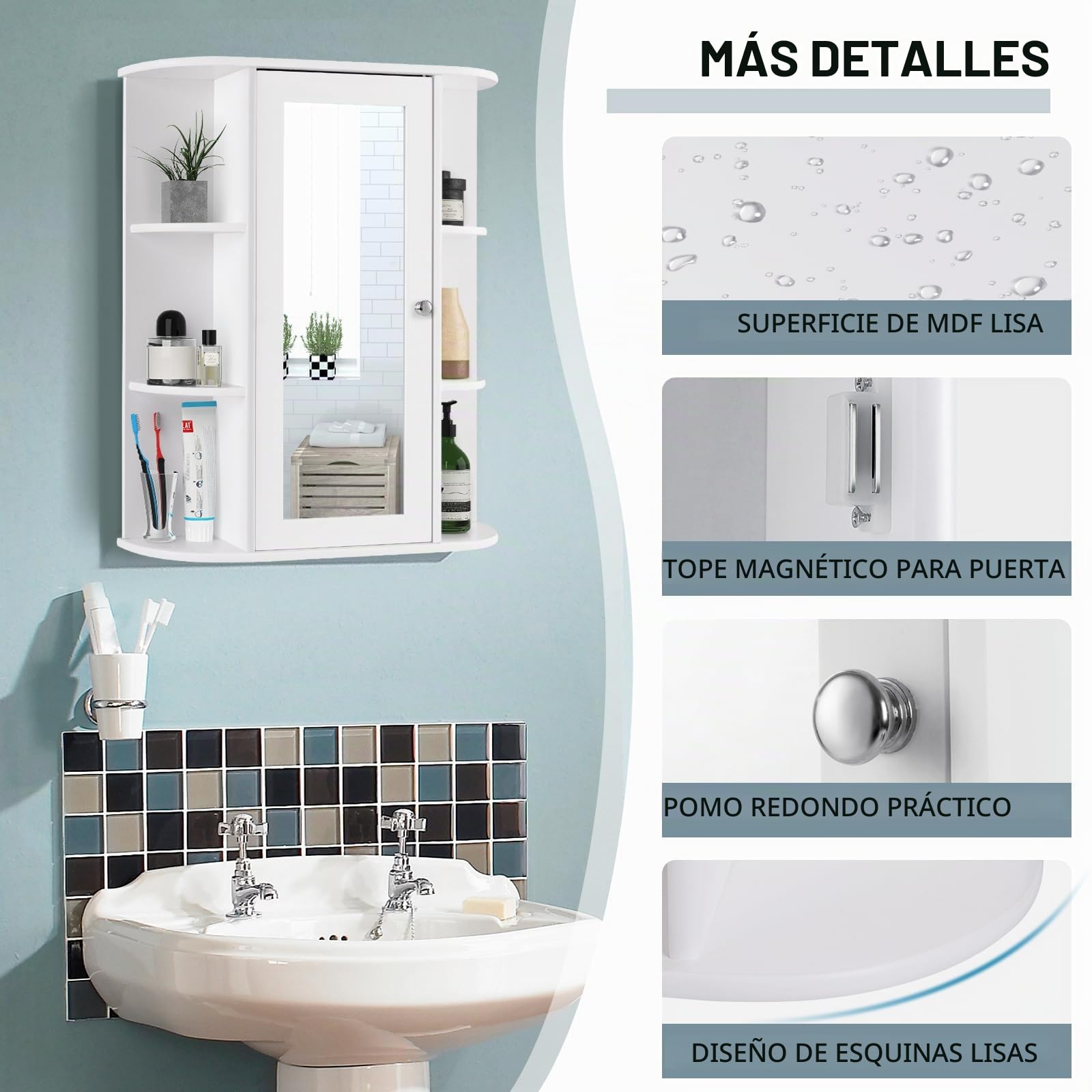 LIFEZEAL Armario de Pared con Espejo de Baño, Mueble de Almacenamiento con 6 Compartimentos Abiertos y Estante Ajustable, Armario Montado en Pared con Puerta para Salón, Cocina, Dormitorio (Blanco)