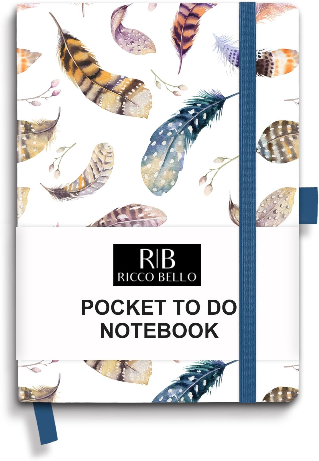 RICCO BELLO Hardcover Pocket to Do List, Undated, Notebook with Pen Holder, Storage Pocket, For Work, School, Home, Productivity Planner, 4.25 x 6 inches (Feathers)