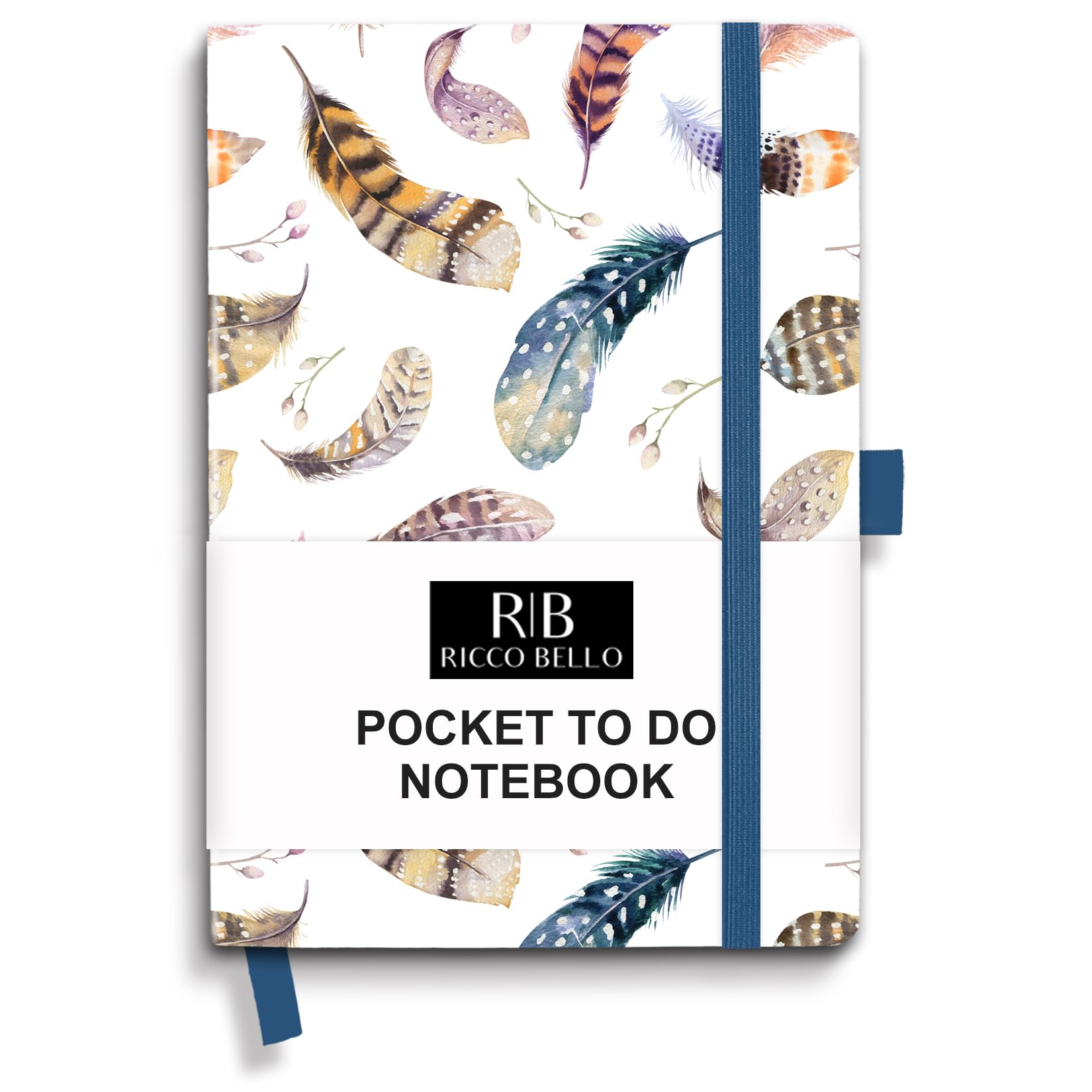 RICCO BELLO Hardcover Pocket to Do List, Undated, Notebook with Pen Holder, Storage Pocket, For Work, School, Home, Productivity Planner, 4.25 x 6 inches (Feathers)