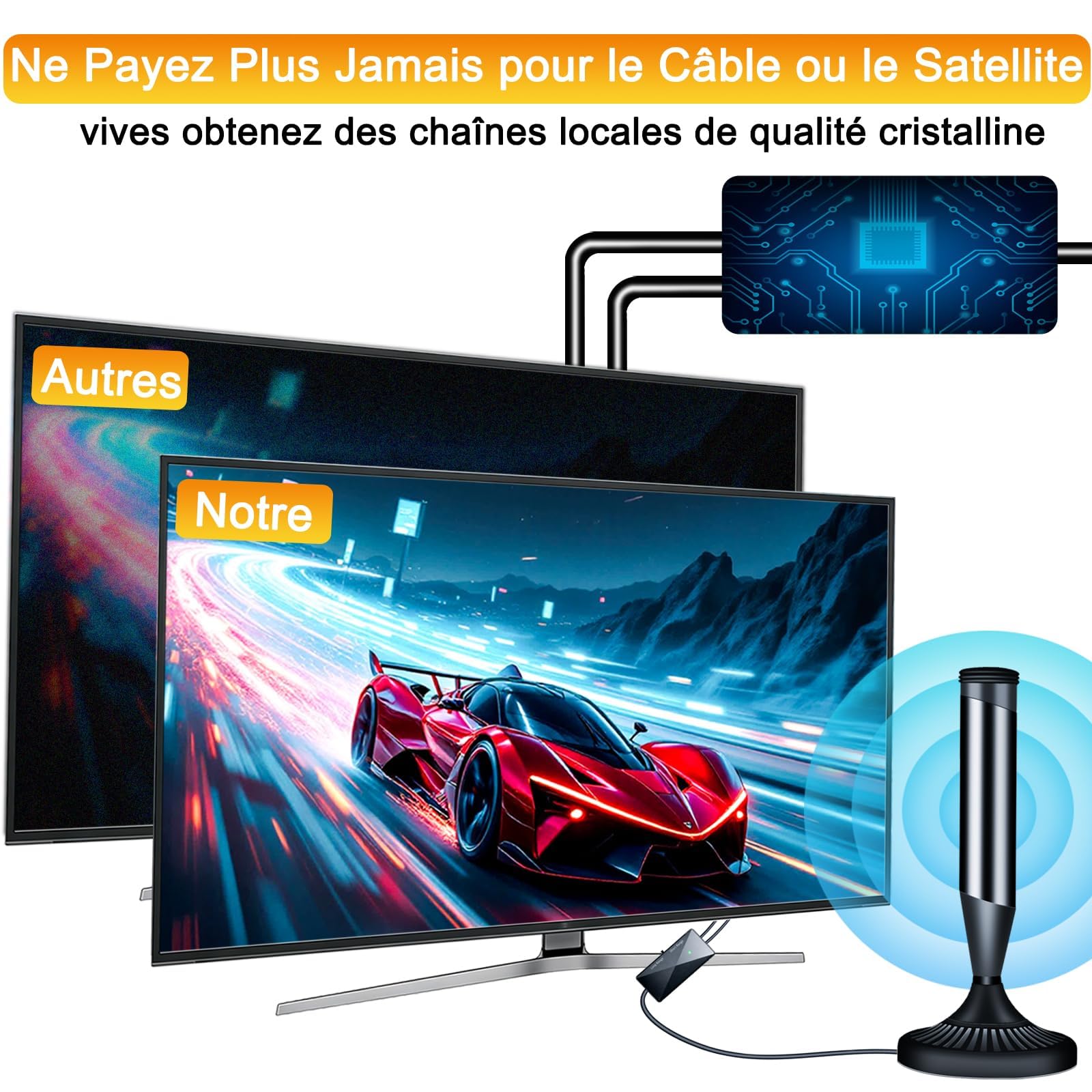 Antenne TV Intérieur Puissante avec Base Magnétique et Amplificateur, Compatible 4K 1080P pour Toutes Les Chaînes Gratuites TNT, Câble Coaxial 5m (Black-410)