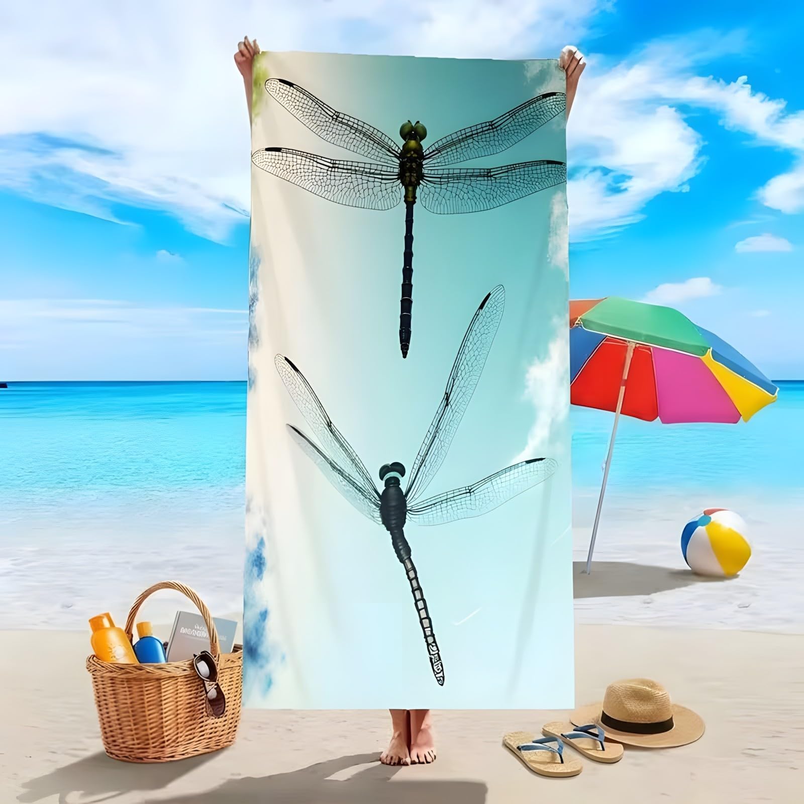 YZQGLHP Dragonfly Microfibre Beach Towel Clouds Beach Bath Towel Quick Drying, Lightweight, Sand-Free, Durable, for Pool, Gym, Camping, Travel Towel 90x200cm