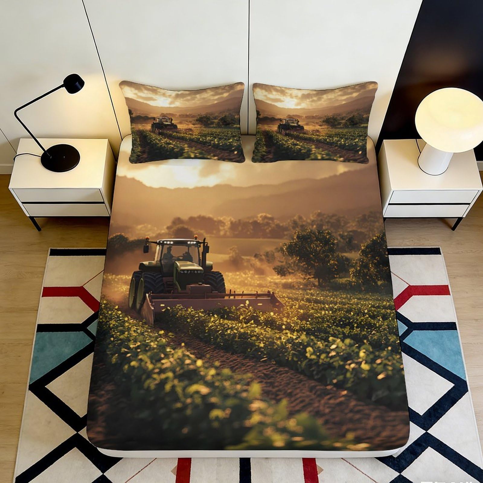 3D Printed Tractor Field Fitted Sheet Microfiber Durable Breathable Farm Landscape Bed Cover for Bedroom Dormitory Guest Room Mattress Protection 90x200x25cm