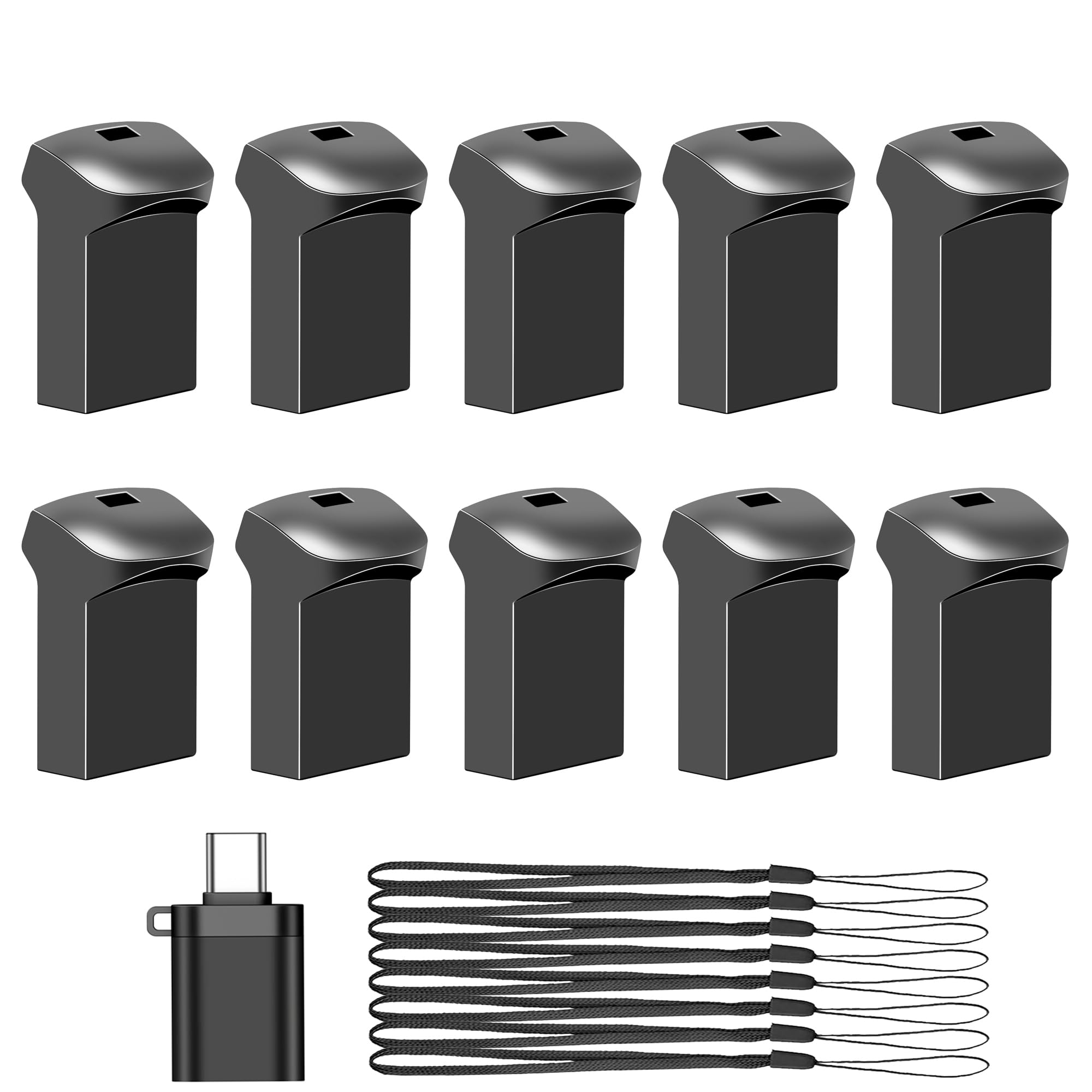 EASTBULL Paquete de 10 unidades flash pequeñas USB 2.0 de 2 GB con un adaptador USB-C | FAT32 - Miniunidades USB de 2 GB para almacenamiento de datos (gris, 10 cordones, 1 adaptador)