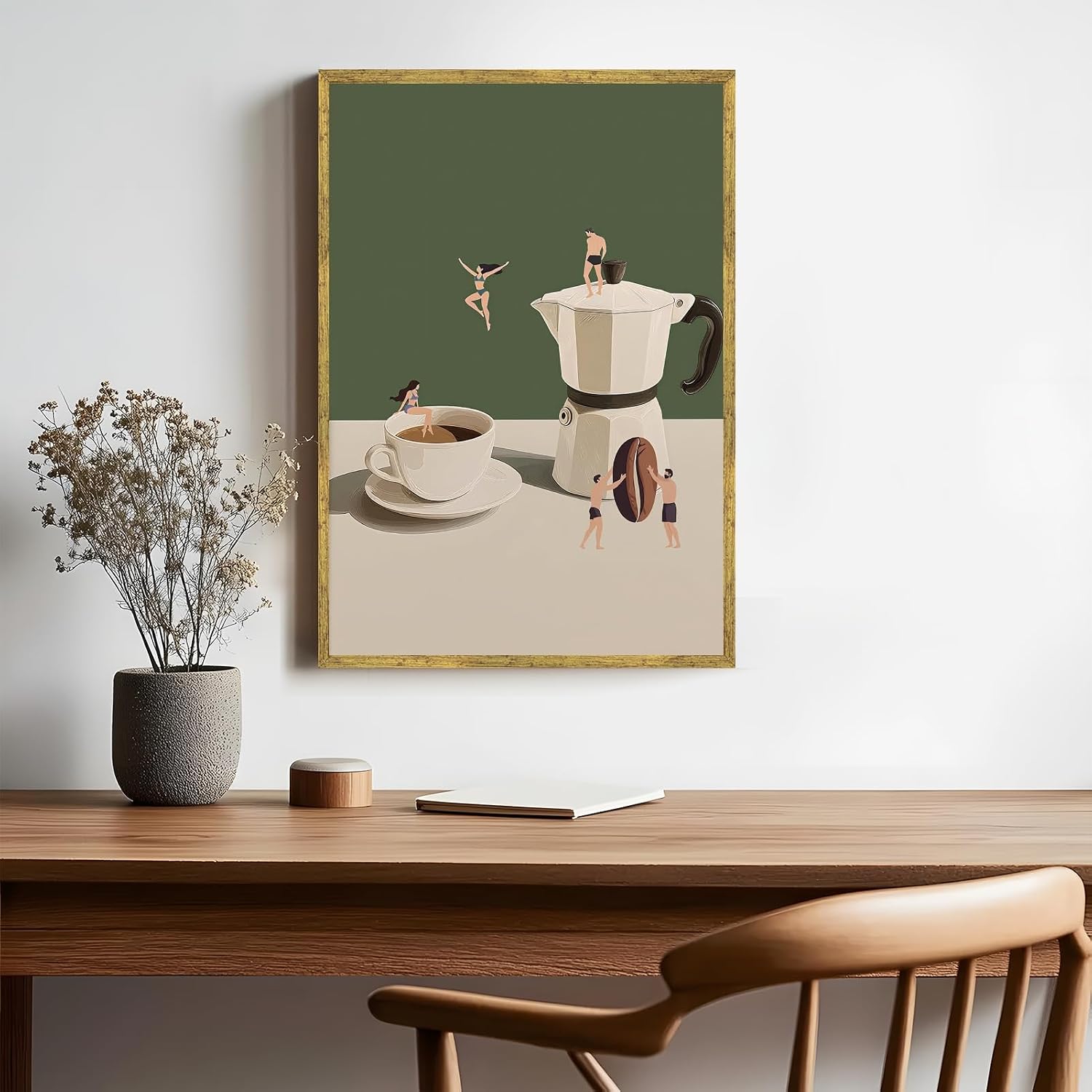 Gold Framed Modern Kitchen Poster Surreal Coffee Lovers Wall Art Minimalist Espresso Maker & Cup Painting Trendy Funny Adventure Canvas Print for Cafe Dining Room Home Bar Decor 12x16inch