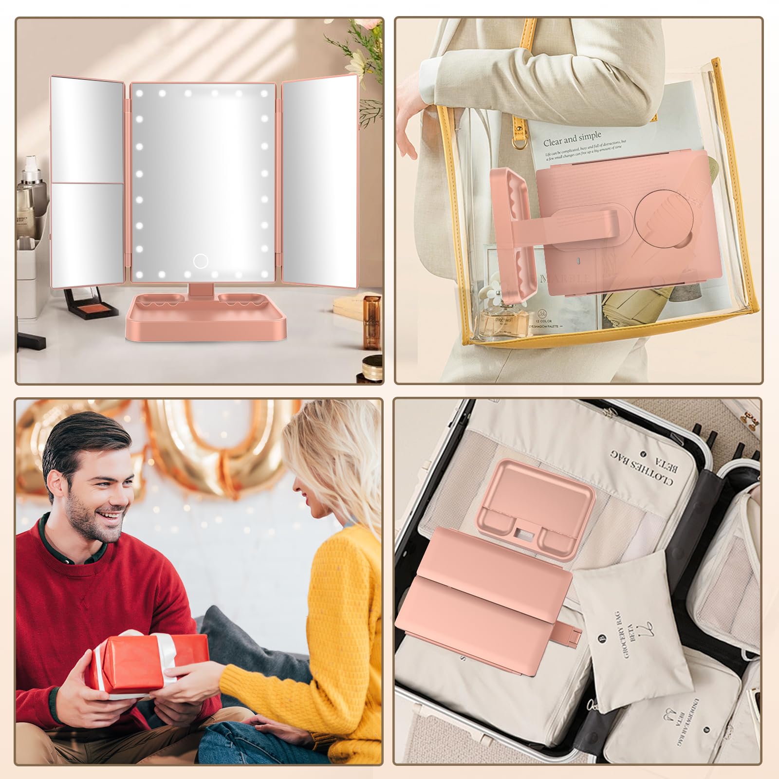 SURFOU Specchio da Tavolo Trucco Tri-Fold con 24 LED Touch, 1X/2X/3X/10X Ingrandimento Regolabile, Luce Regolabile 180°, Alimentazione USB/Batteria, Donne - Oro rosa