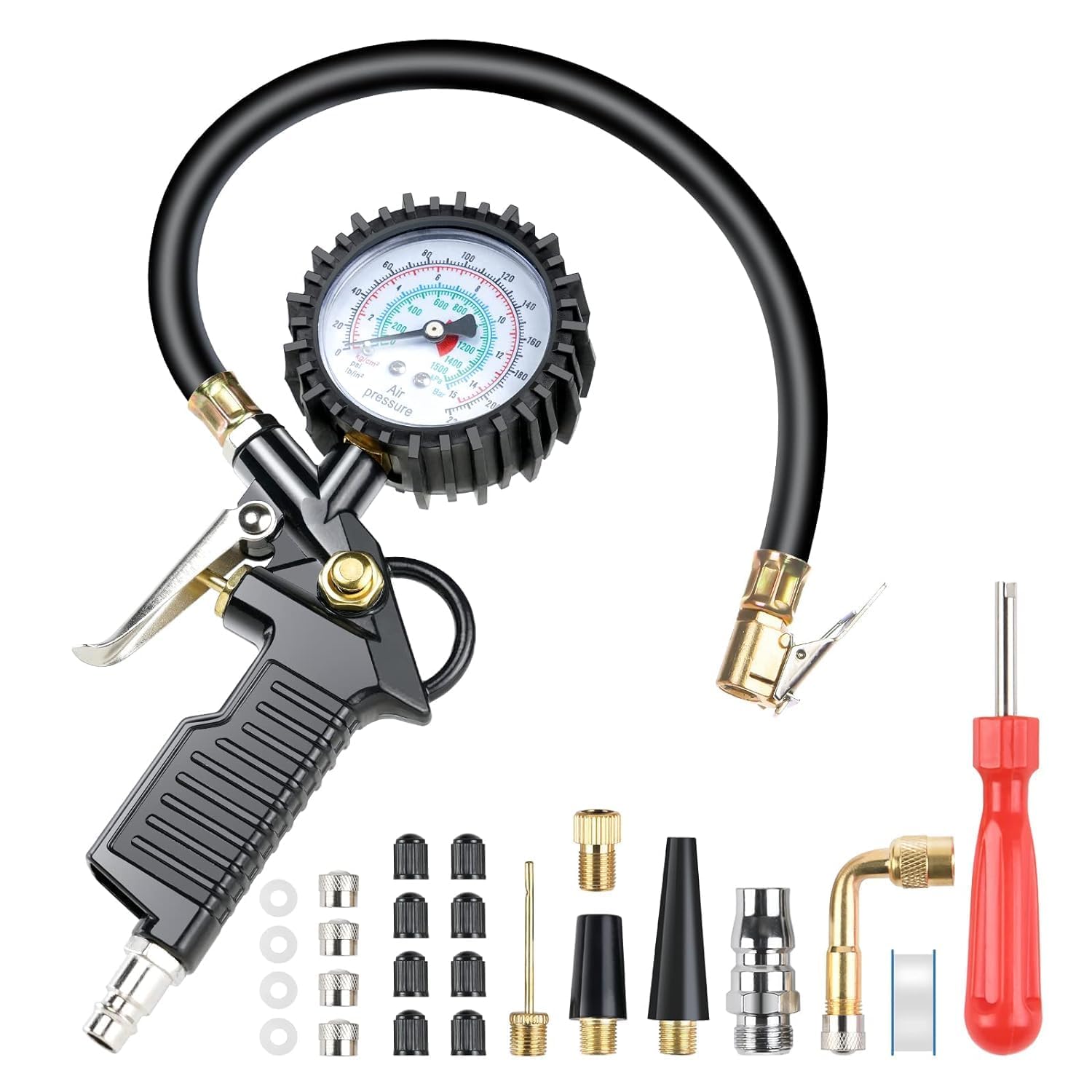 Manómetro Presión Neumáticos 220PSI Pistola de Inflado Compresor Digital Manómetro de Alta Precisión con 25 pcs de Accesorios para Coche Moto Bicicleta Camión y Motocicleta