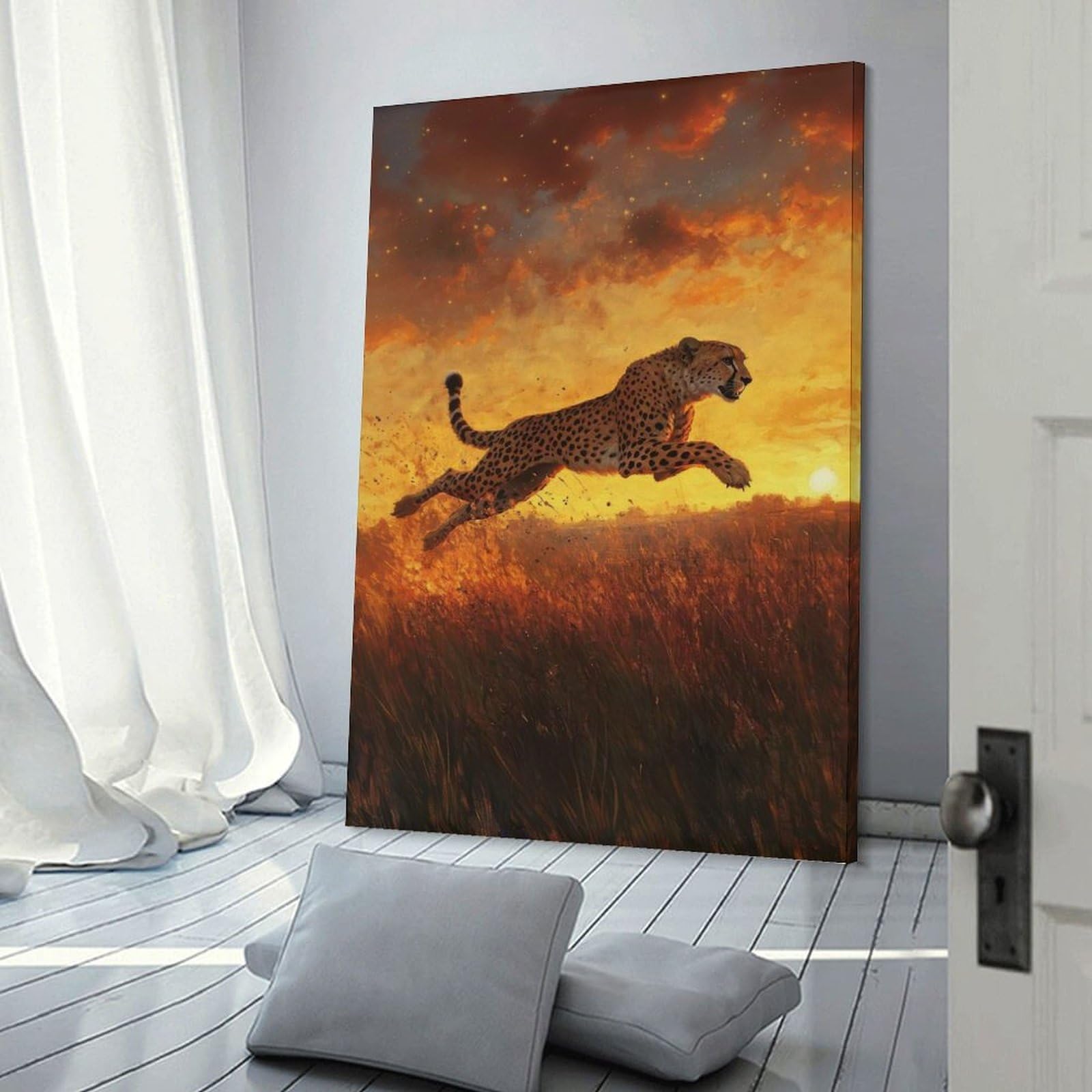Junmoney Frame-Style-23 Cheetah Leap At Sunset Canvas Wall Decor 20X30inch(50X75cm), For Bedroom Walls, Guest Spaces Or Lounges, A Warm Accent For Relaxed Interiors