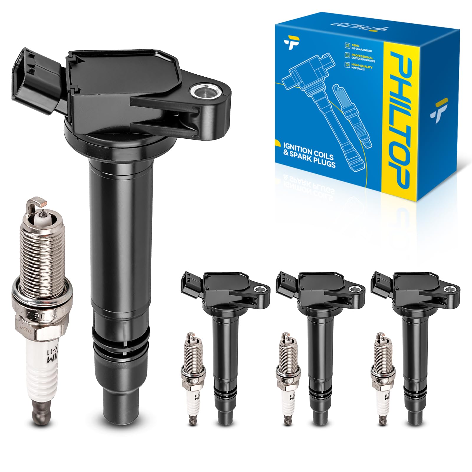PHILTOP Ignition Coil Pack and Spark Plugs Fits for Toyota 2010-2013 2015-2017 Camry 2.5L, 2010-2018 RAV4 2.5L, 2009-2015 Venza 2.7L, 2013-2020 4Runner, Scion 2011-2016 tC, 4PCS UF630