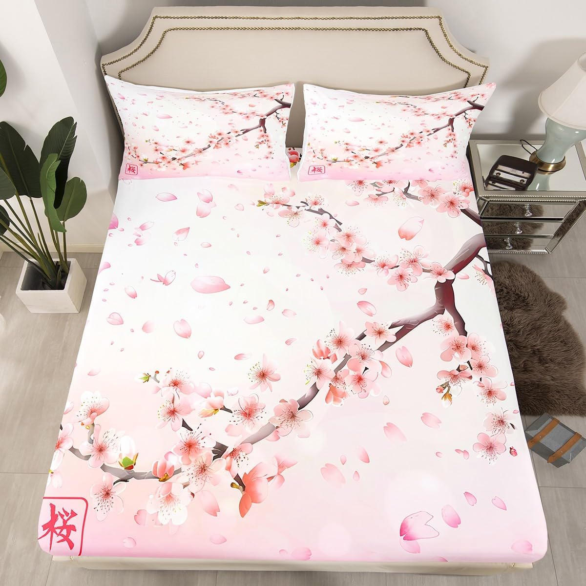 Cherry Blossoms Sheet Sets, Japanese Style Romantic Theme Pink Flat Sheet Botanical Floral Printed Bed Sheet Set, Twin For Boys Girls Sheets Deep Pocket, Fits Mattress 16" Deep Pocket Sheets