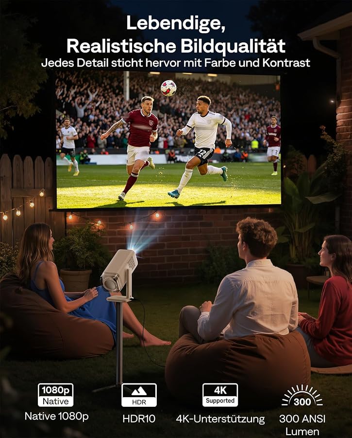 Aurzen BOOM air Mini Beamer mit Google TV & Netflix, USB-C-Aufladung | Beamer Outdoor, 4K-Unterstützung, Smart Beamer für Heimkino, Dolby Audio, TOF-Autofokus, WLAN & Bluetooth, Cremeweiß, Bild 6