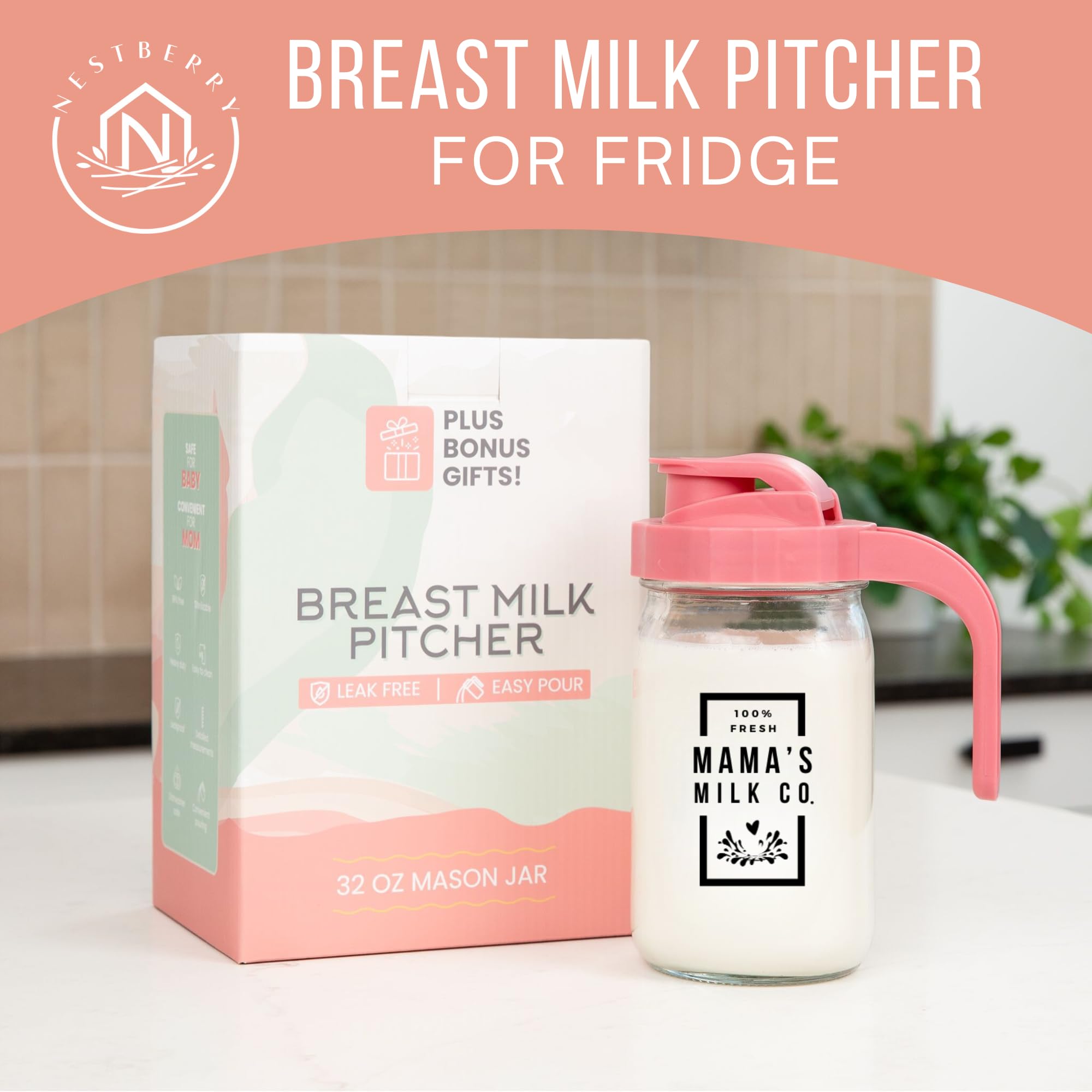 Breast Milk Pitcher with Leak Proof Pop Top Lid - Easy Pour Mason Jar Breastmilk Pitcher for Fridge – Glass Jug with Spout for Formula, Preparing Bottles, and Breast Milk Storage – Family-Owned Brand