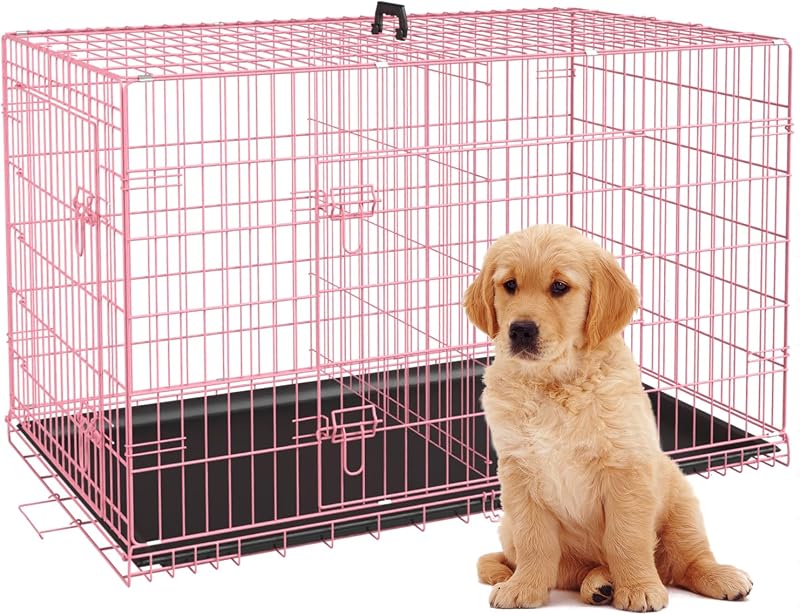 Caixa de Transporte Dobrável para Cães Haiput Wam com Duas Portas, Divisória Removível e Bandeja, Rosa – 60,96 x 43,18 x 48,26 cm