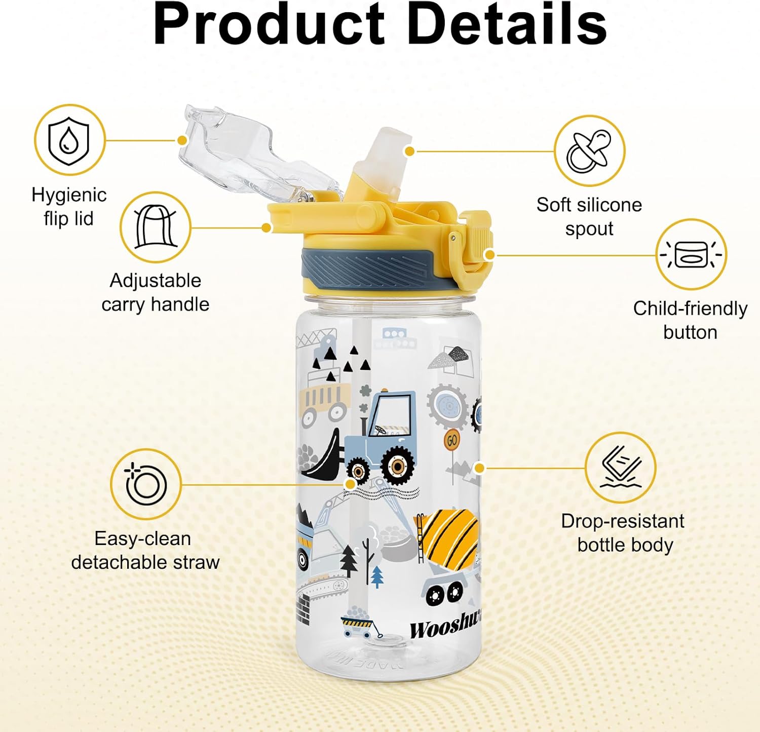 Kids Water Bottle for School, 16 Oz Plastic Water Bottle with Silicone Spout and Pop-Up Cover, BPA Free & Dishwasher Safe (Excavator/Shark) - Image 2