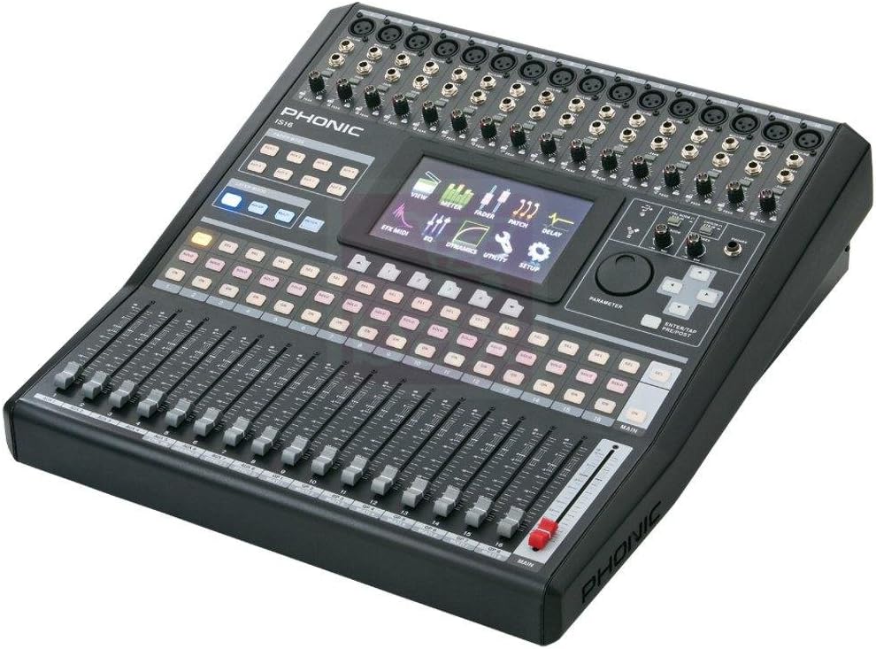 Phonic IS16 16-Input 8-Bus Digital Mixing Console with Color Touch Screen and VGA Output; 31-band GEQ available on EFX 1 and Main Out, 15-band GEQ on EFX 2; Digital AES/EBU Input and Output